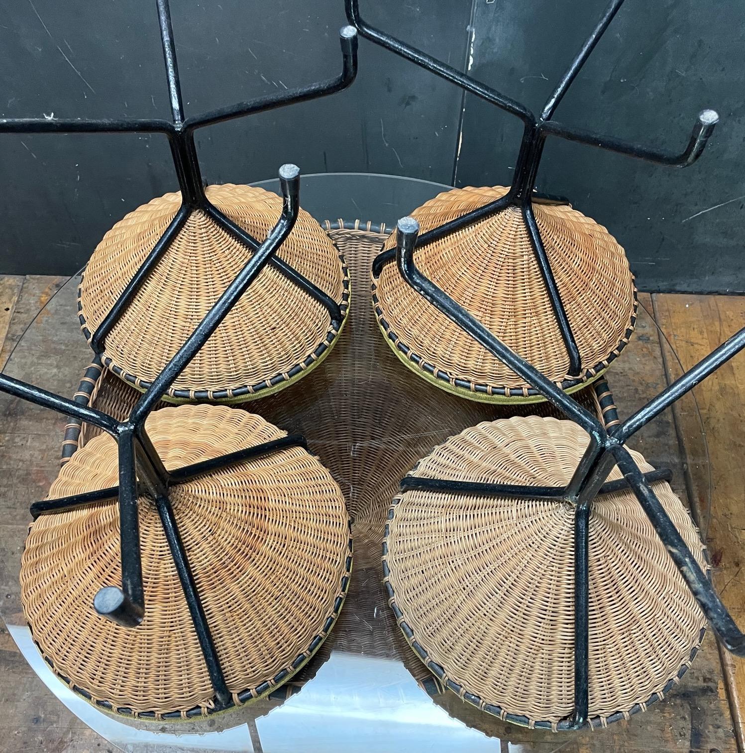 1950s California Design Danny Ho Fong Wicker Iron Tiki Dining Table Stool Set For Sale 2