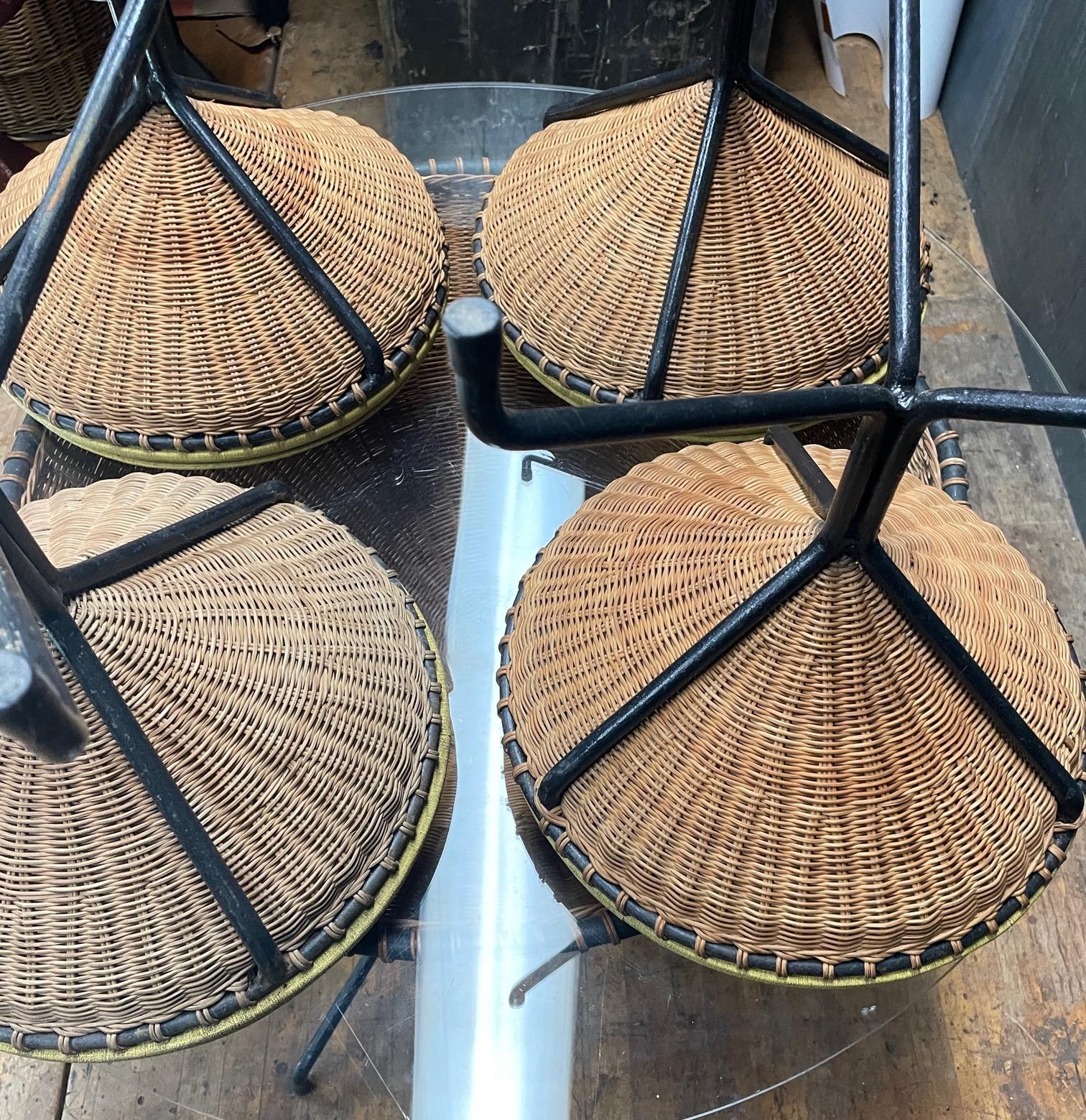 1950s California Design Danny Ho Fong Wicker Iron Tiki Dining Table Stool Set For Sale 4