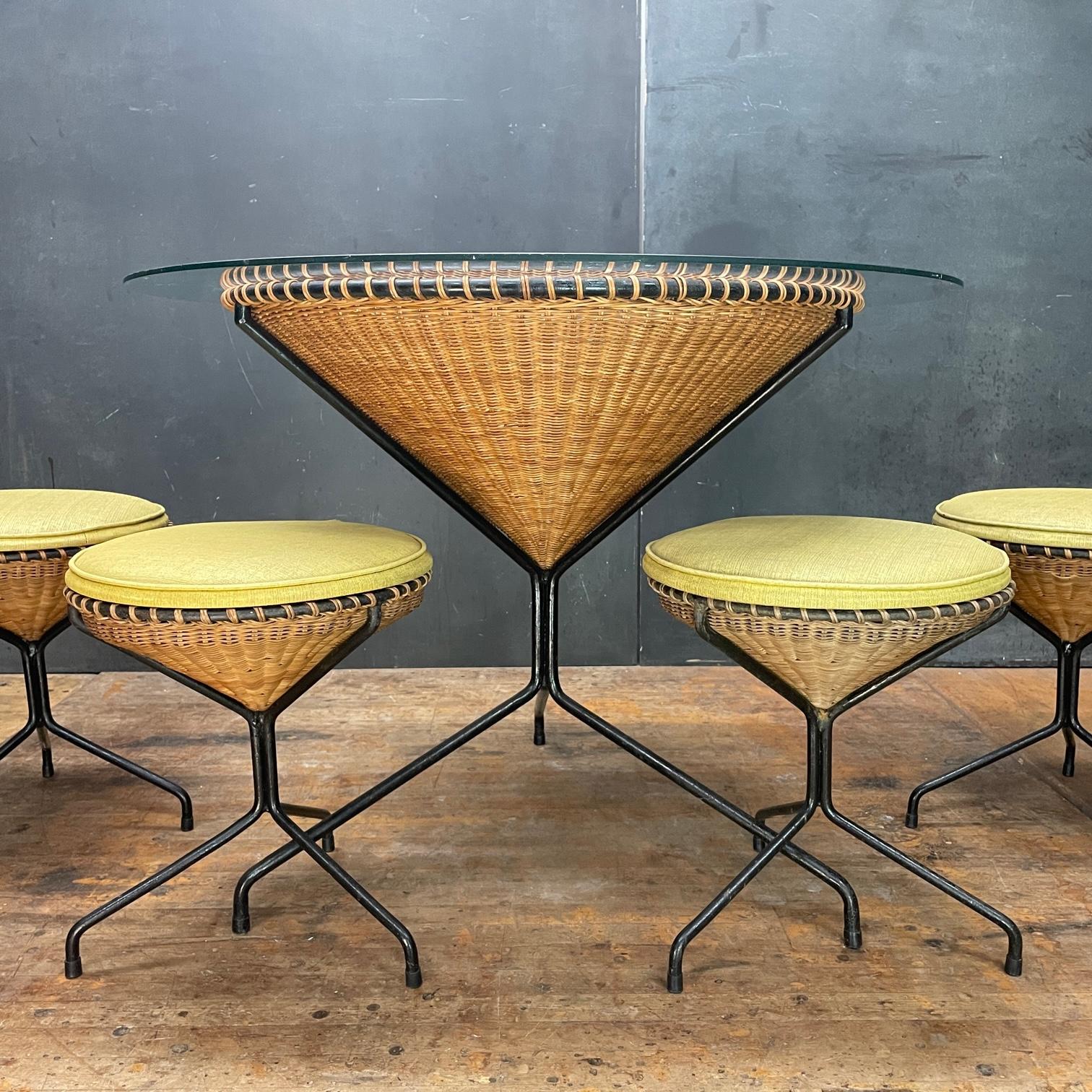 Super cabin-modern and hard to find California design outdoor patio set. 

The wicker on all pieces is still in very good condition! All these pieces were procured together, and are in original unrestored condition. The upholstery on the 4 stools