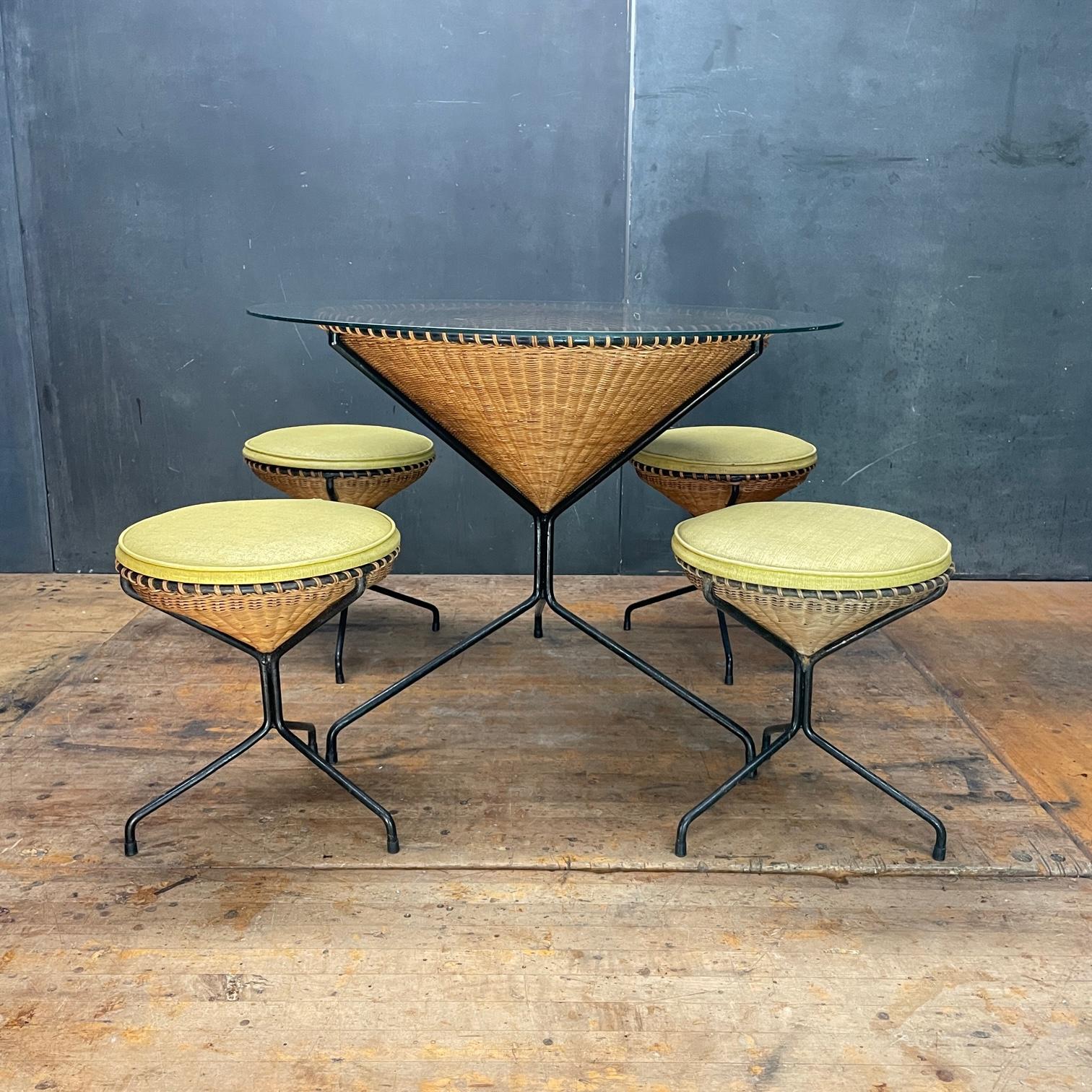 Mid-Century Modern 1950s California Design Danny Ho Fong Wicker Iron Tiki Dining Table Stool Set For Sale