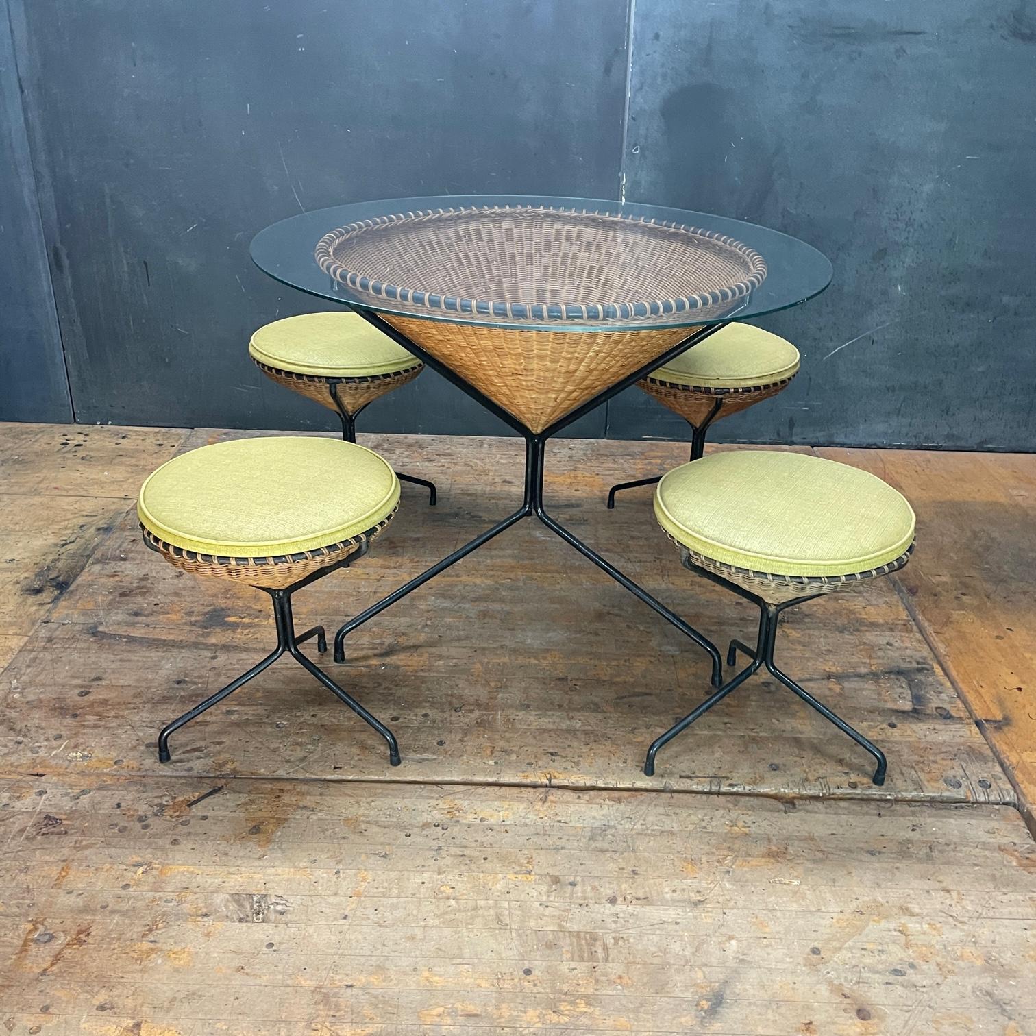 American 1950s California Design Danny Ho Fong Wicker Iron Tiki Dining Table Stool Set For Sale