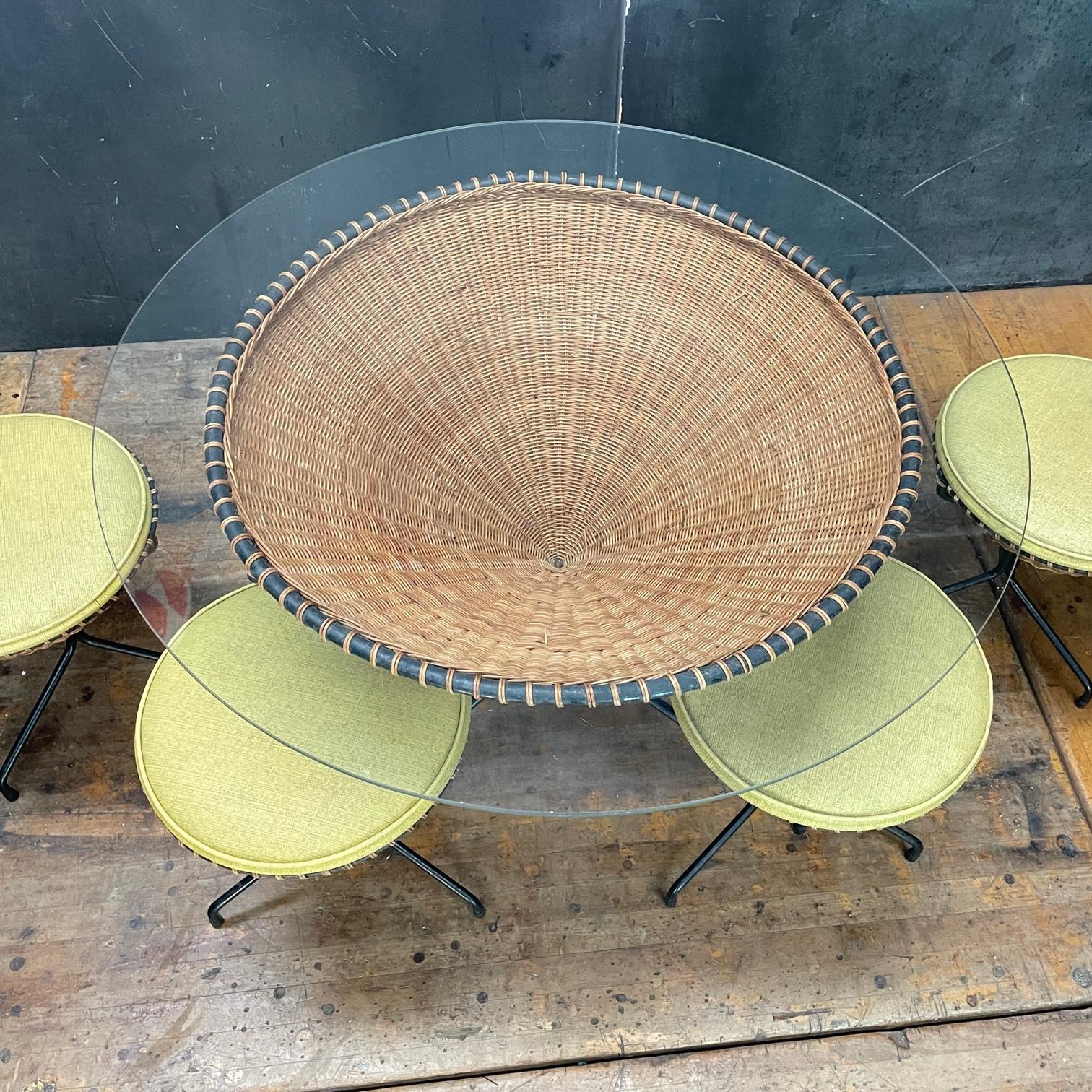 Naugahyde 1950s California Design Danny Ho Fong Wicker Iron Tiki Dining Table Stool Set For Sale