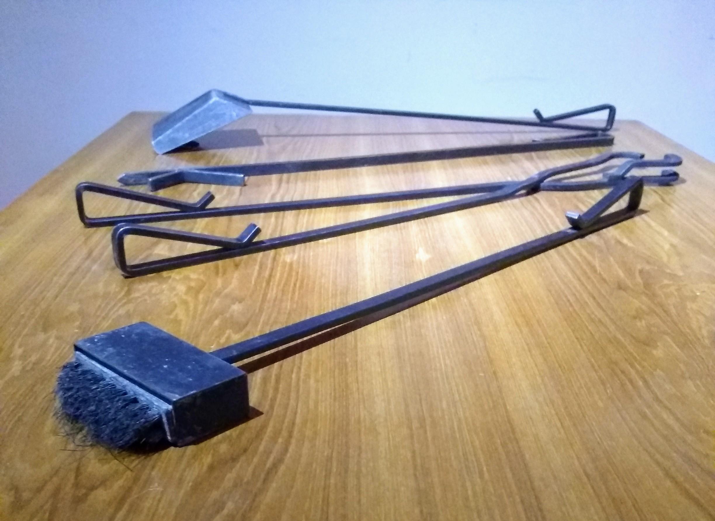 Wrought Iron 1950s California Modernist Blackened Iron, Wall-Mounted Firetool Set