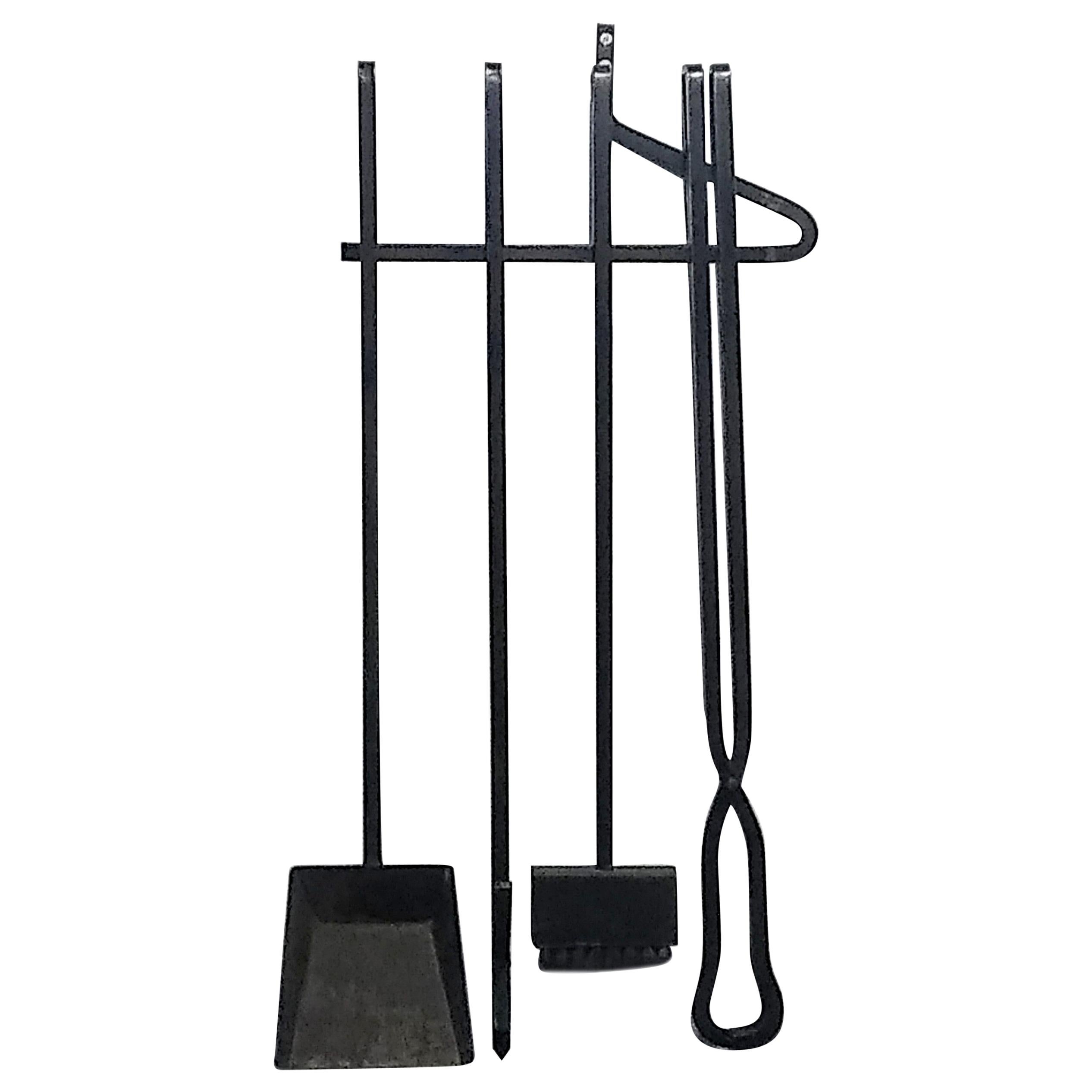 1950s California Modernist Blackened Iron, Wall-Mounted Firetool Set