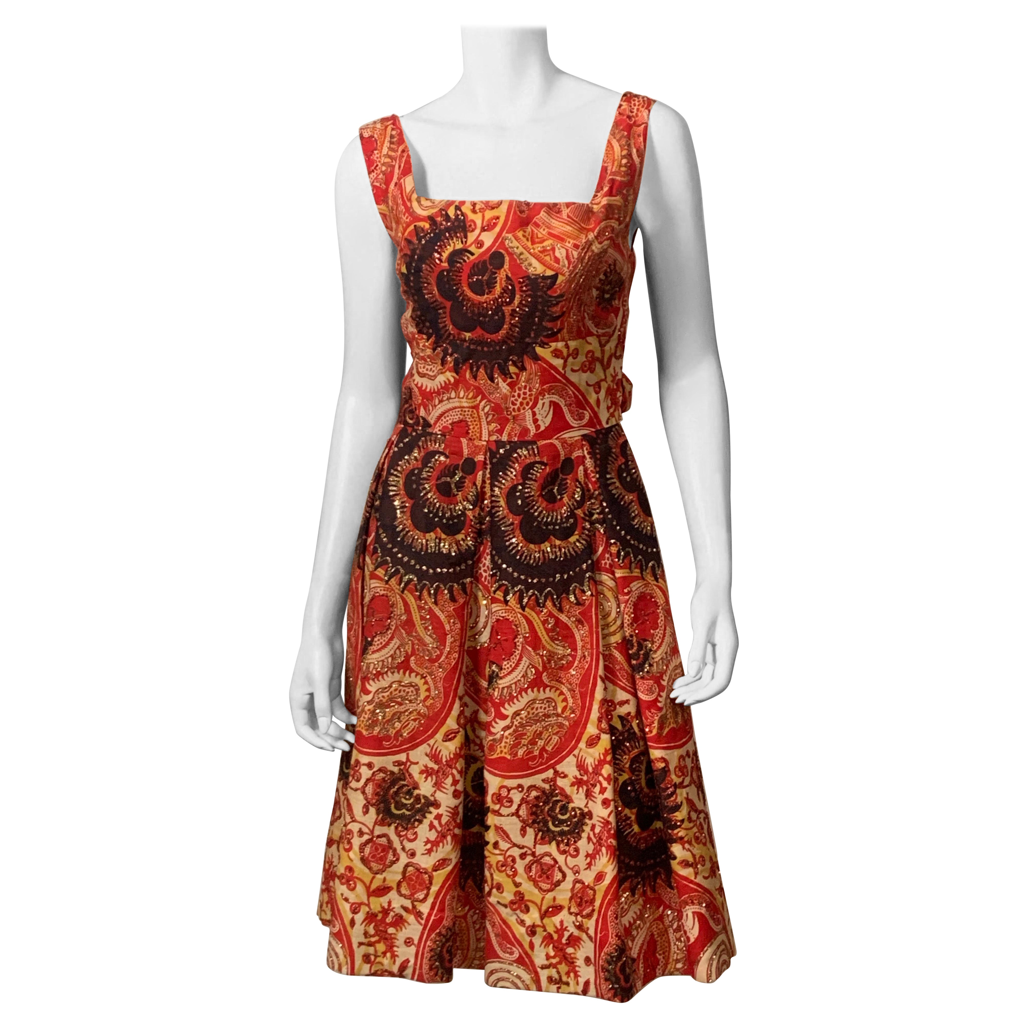 1950's Calypso of Bermuda and Montego Bay Cotton Print Dress with Sparkles For Sale
