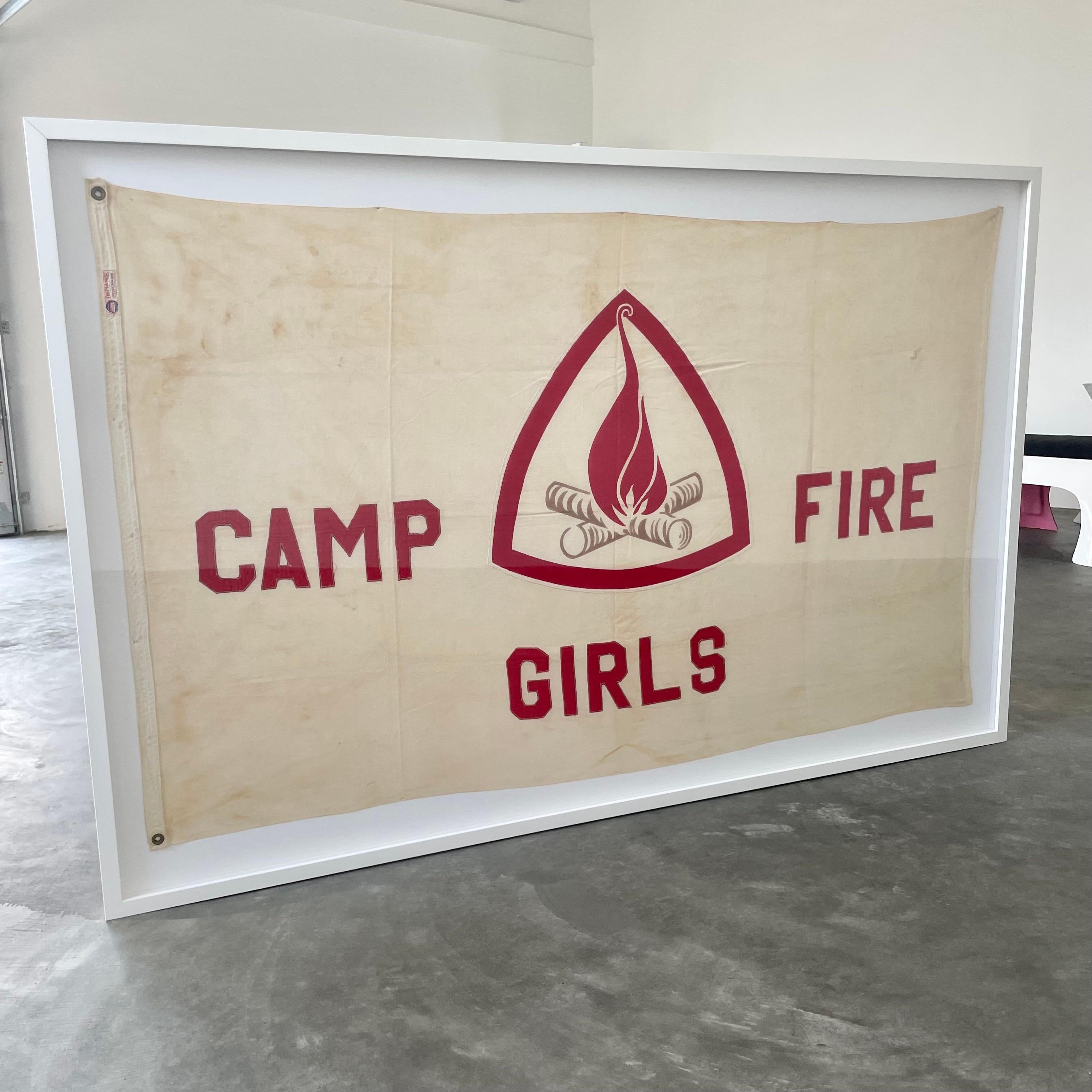 Vintage cotton flag for CAMP FIRE GIRLS, the sister group of the Boy Scouts. Founded in 1910, and ultimately changing names in 1975 to be co-ed. Fun piece of American history. Great coloring and patina to flag. Newly mounted with linen backdrop,