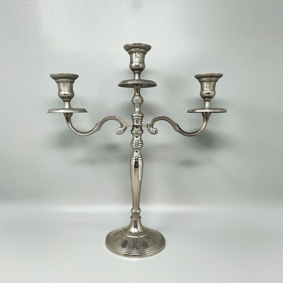 Mid-Century Modern 1950s Candelabra for Three Candles in Stainless Steel, Handmade, Made in Italy For Sale