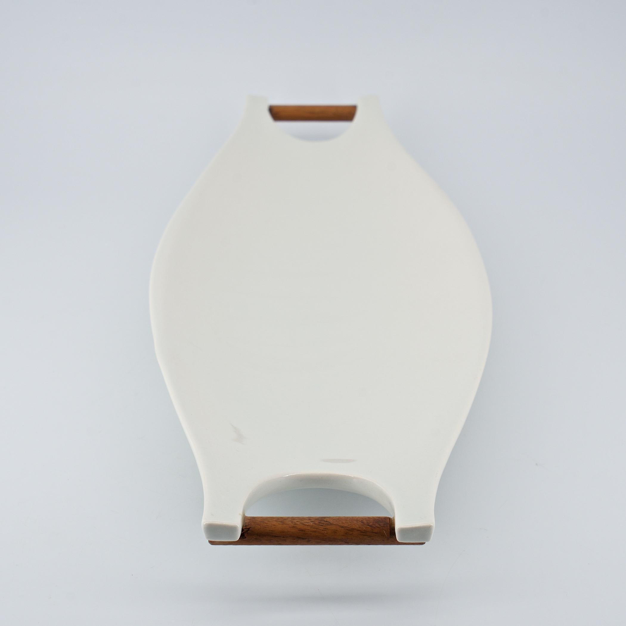 Molded 1950s Capri White Pottery + Walnut Serving Tray Mid-Century Modernist Tableware For Sale