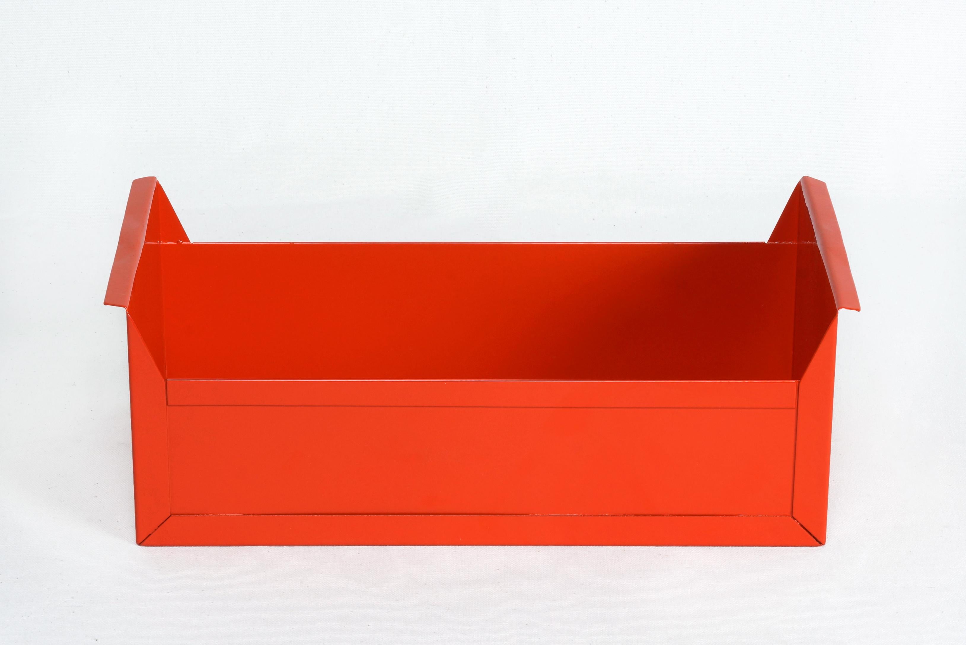 Unique 1950s steel filing drawer refinished with a gloss fire engine red powder coat. This Classic, heavy-duty organizational bin is perfect for storing anything from office supplies to recipe cards. 

One available in this size and color.