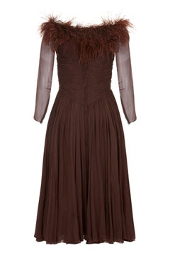 1950s Cardinal Brown Silk Chiffon and Feather Trim Dress