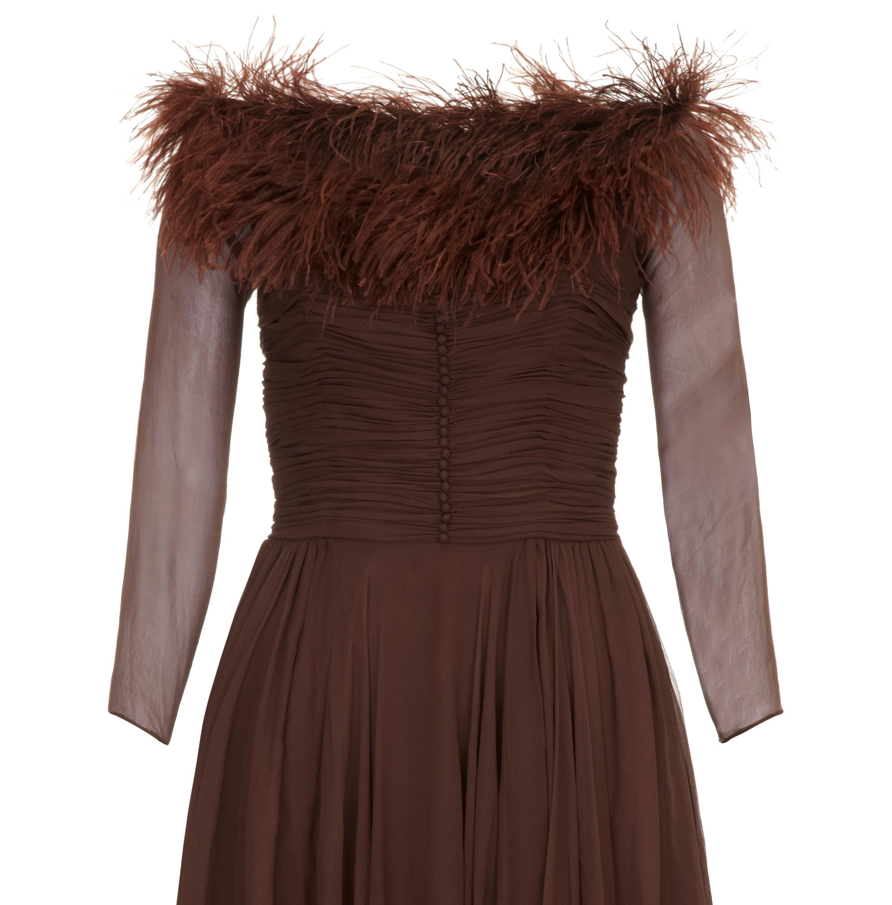 brown dress with feathers