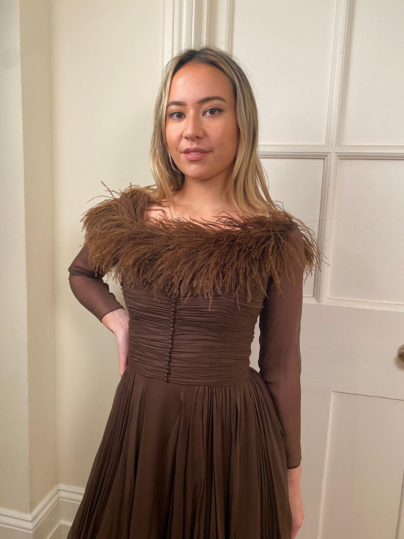 1950s Cardinal Brown Silk Chiffon and Feather Trim Dress For Sale 1