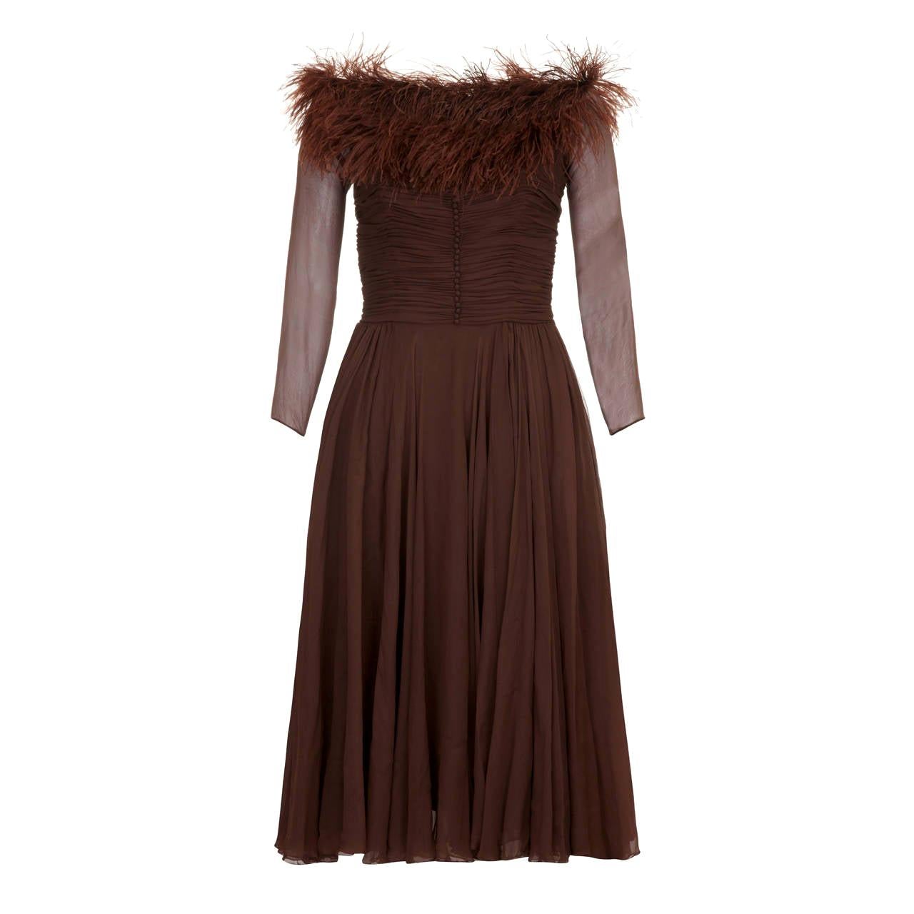 1950s Cardinal Brown Silk Chiffon and Feather Trim Dress For Sale