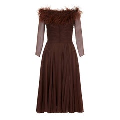 1950s Cardinal Brown Silk Chiffon and Feather Trim Dress