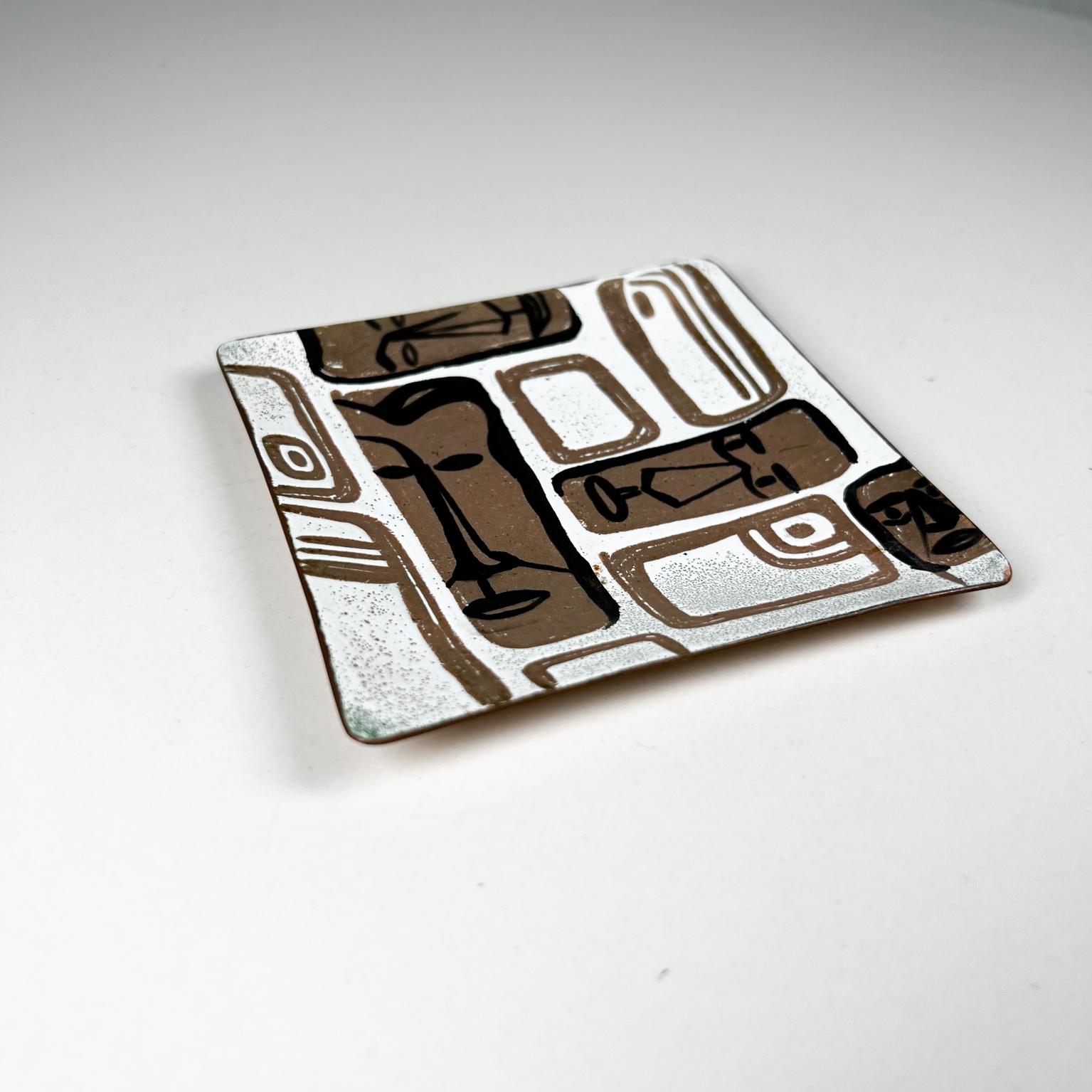Mid-Century Modern 1950s Carl Wyman Modernist Copper Enamel Plate African Motif Ohio For Sale