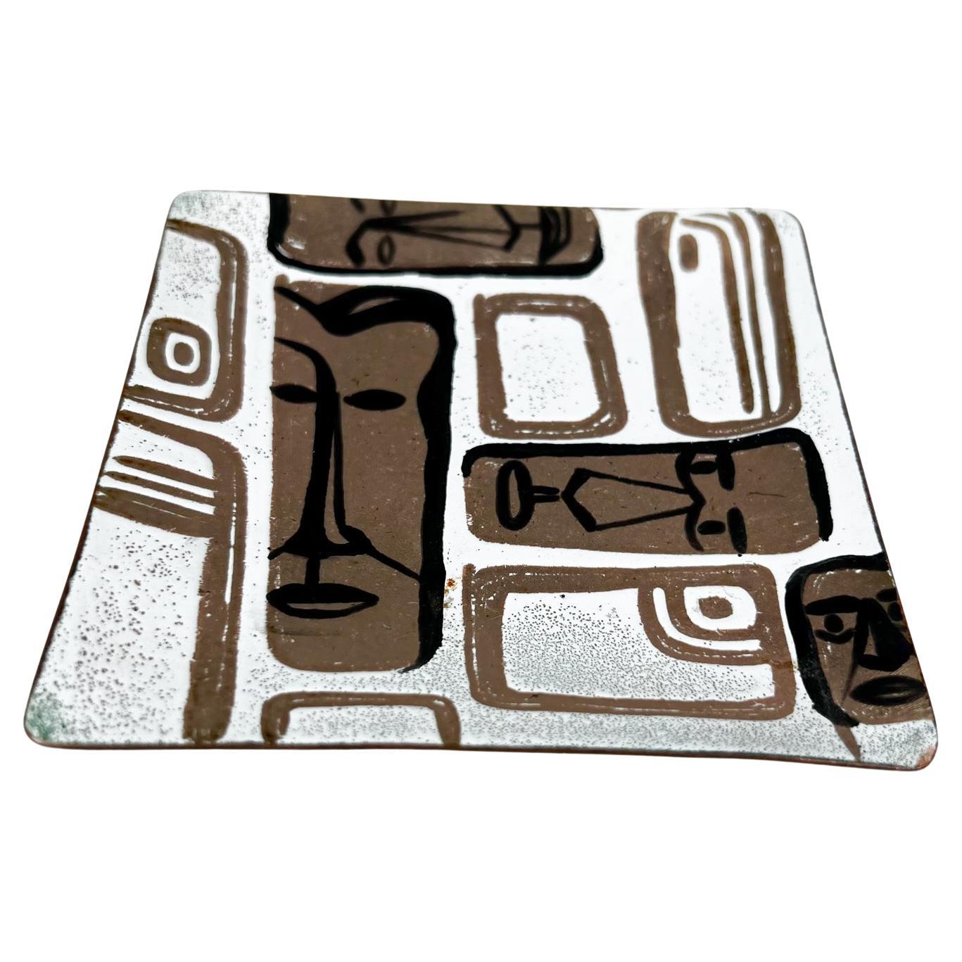 1950s Carl Wyman Modernist Copper Enamel Plate African Motif Ohio For Sale