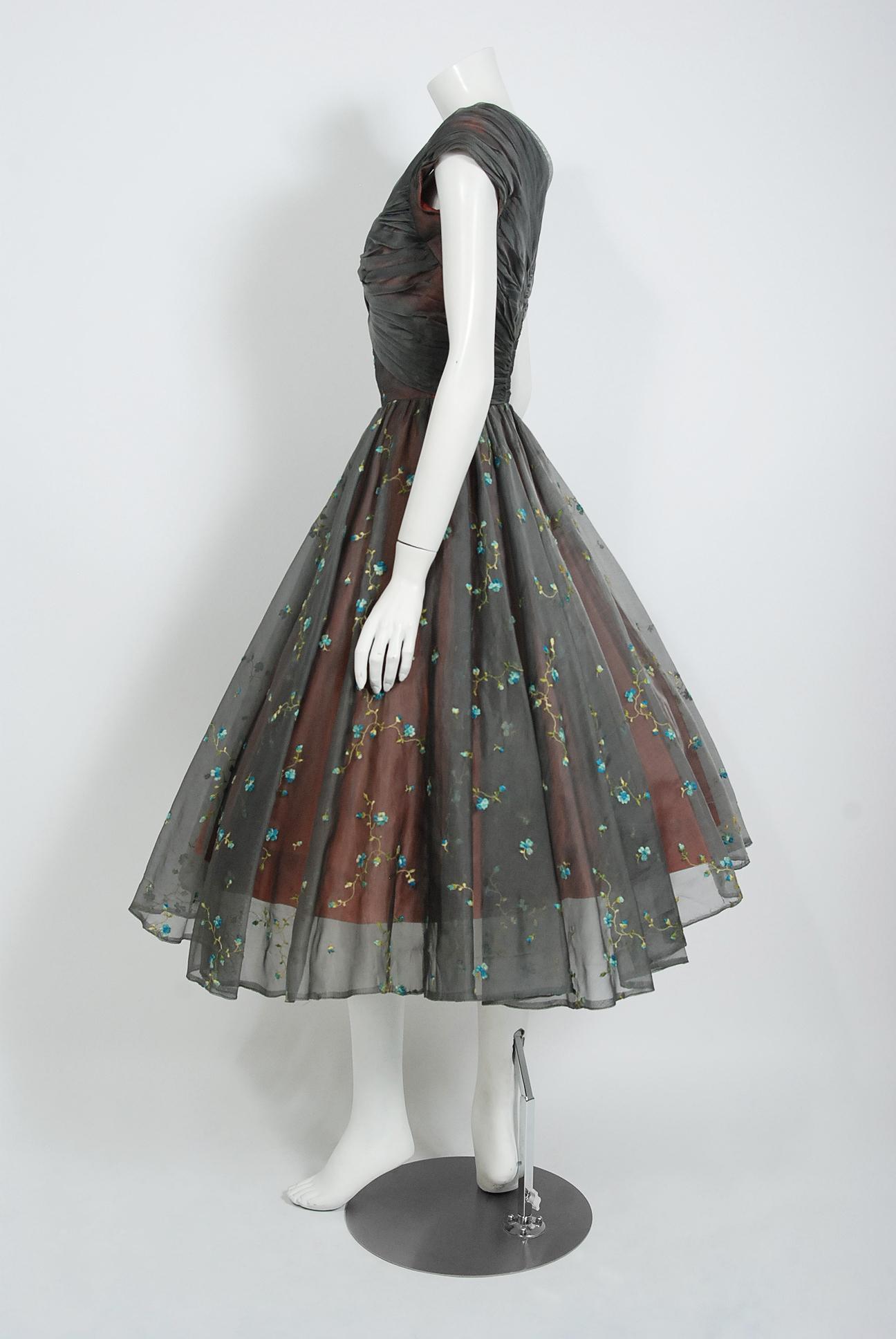 Women's Vintage 1950's Carlye Charcoal Embroidered Floral Silk-Organza Ruched Full Dress