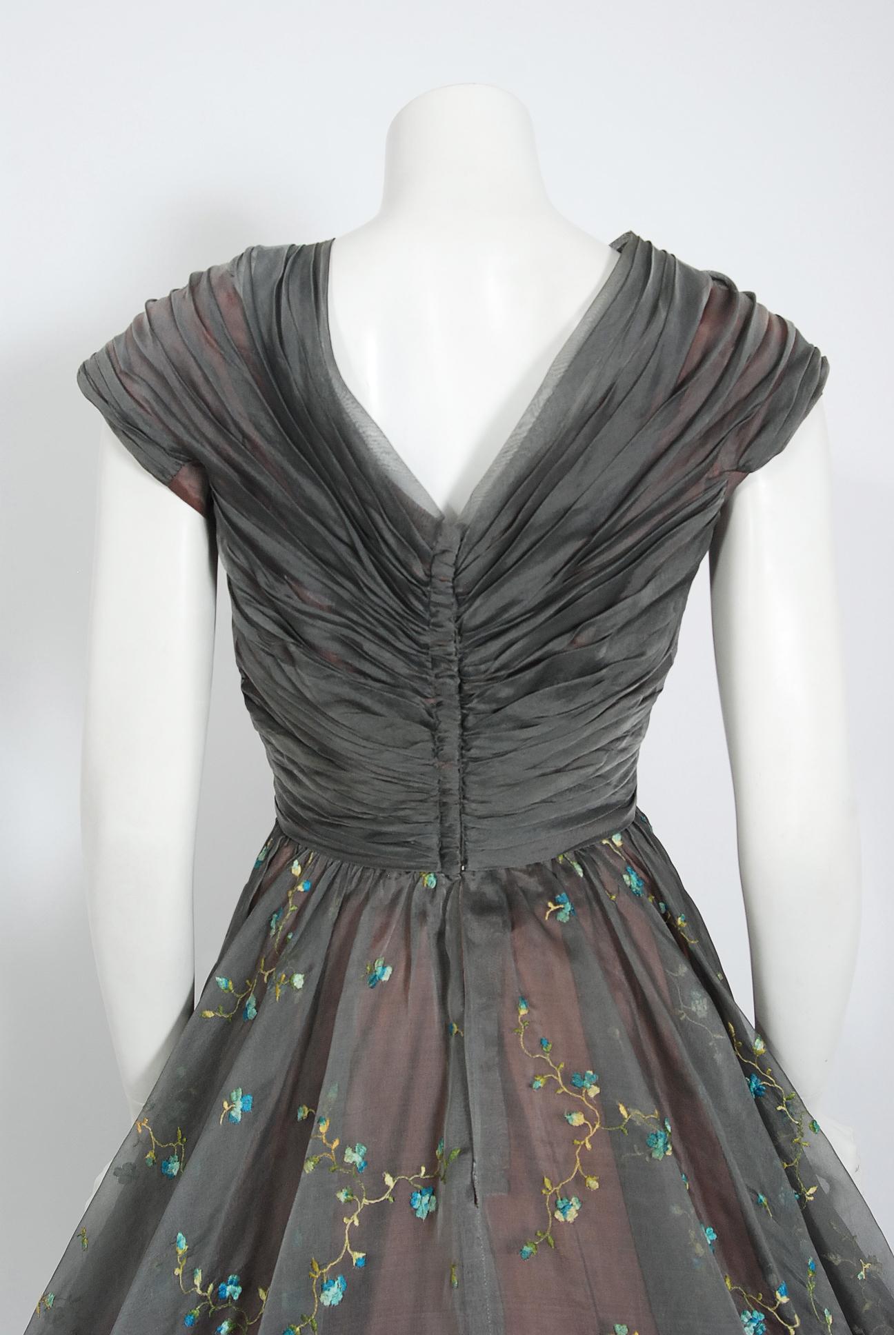 Vintage 1950's Carlye Charcoal Embroidered Floral Silk-Organza Ruched Full Dress 2