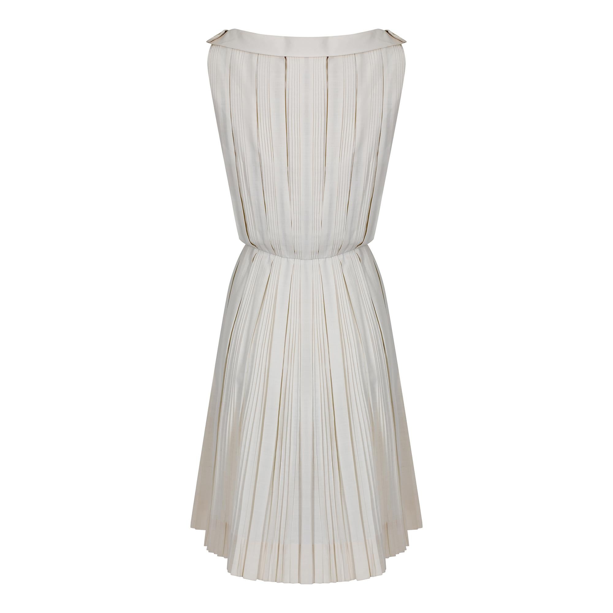 Gray 1950s Carlye Cream Cotton Knife Pleat Dress For Sale