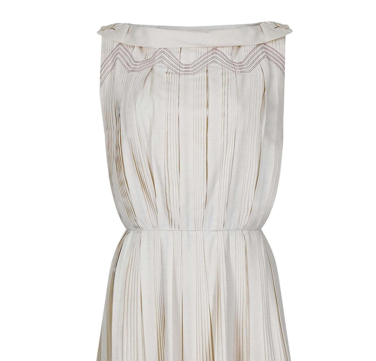 Women's 1950s Carlye Cream Cotton Knife Pleat Dress For Sale