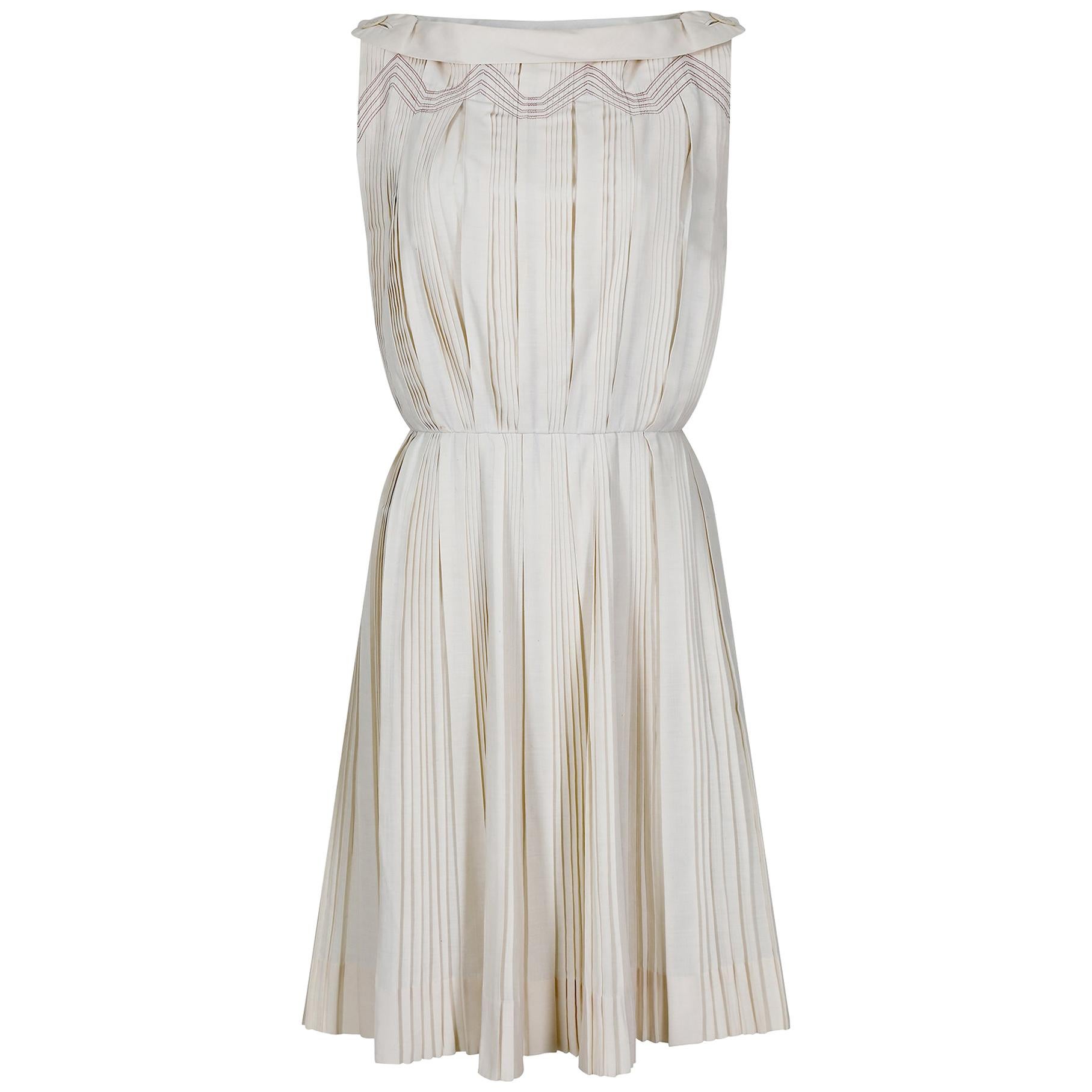 1950s Carlye Cream Cotton Knife Pleat Dress For Sale