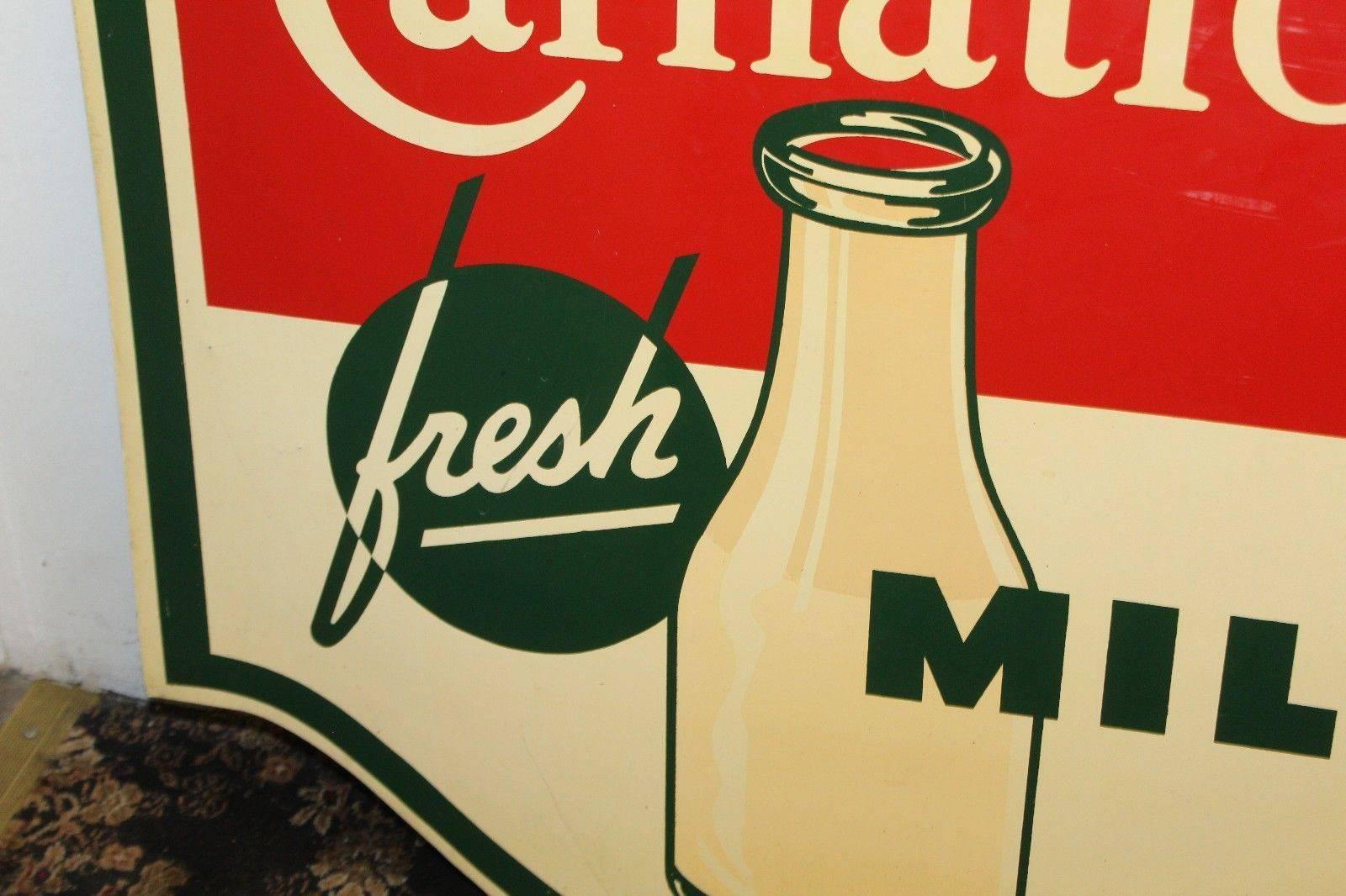 1950s Carnation Fresh Milk Die-Cut Double Sided Tin Advertising Sign In Fair Condition For Sale In Orange, CA