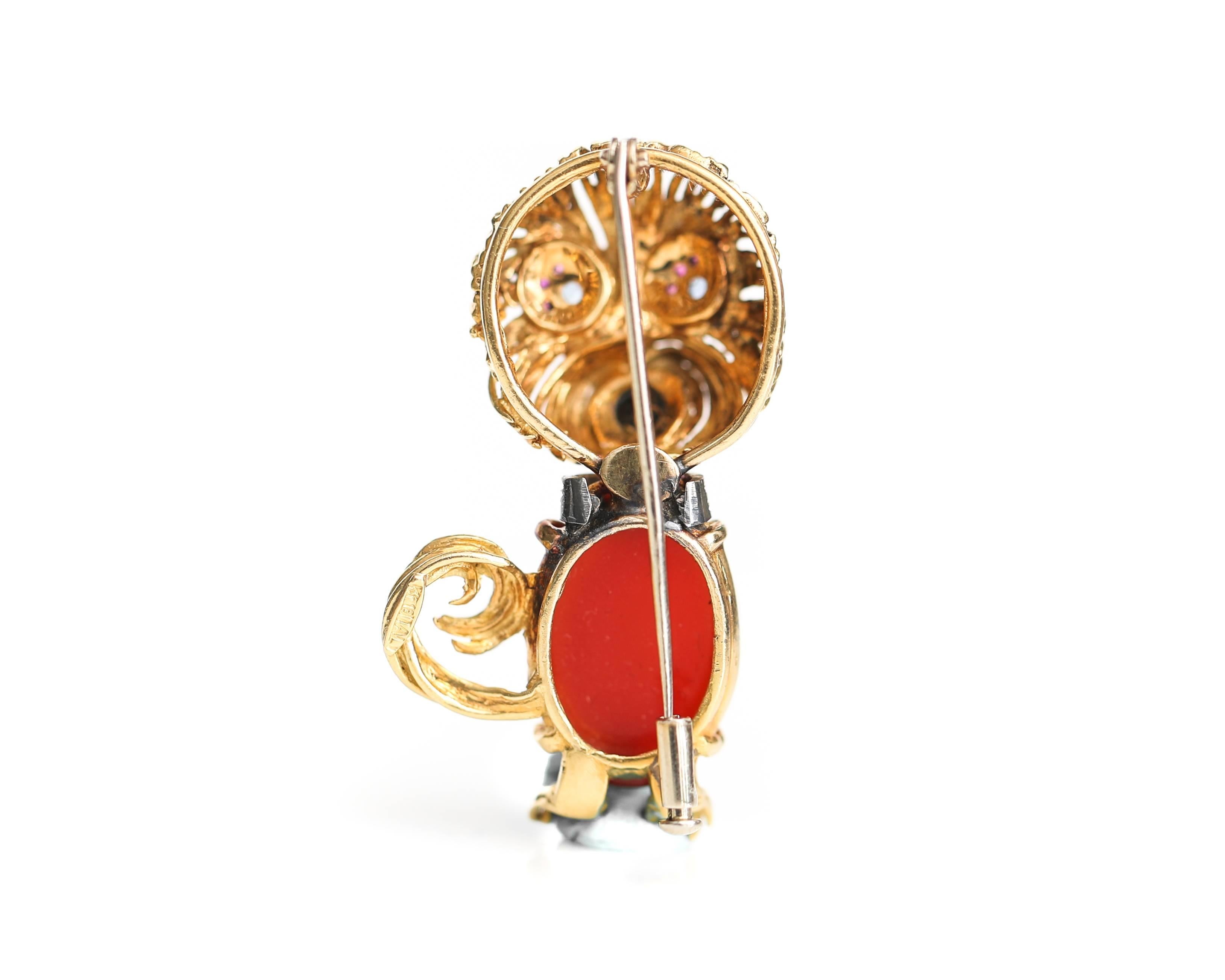 Carnelian, Onyx, Ruby, Sapphire, Diamond 18 Karat Yellow Gold Dog Brooch, Lapel Pin

Made in Italy, this Adorable Dog Brooch features a Carnelian Cabochon Body. The Head, Tail and Paws are crafted from 18 Karat Yellow Gold. 2 Blue Sapphire Eyes peek