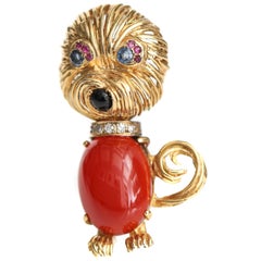1950s Carnelian, Diamond and Multi Gemstone Dog Brooch, 18 Karat Gold