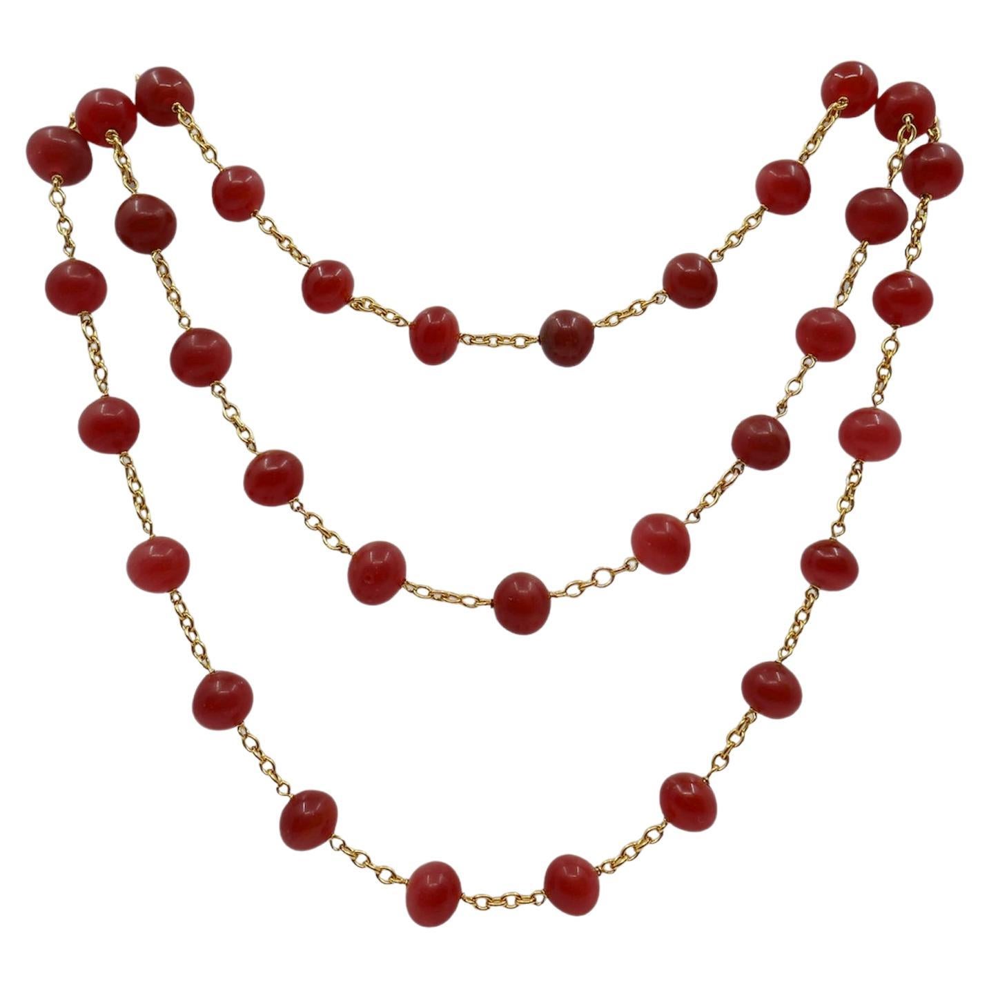 1950s French Carnelian Beaded 18k Gold Chain Necklace 