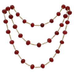 Vintage 1950s Carnelian Gemstone Beaded 18k Gold Chain Necklace 