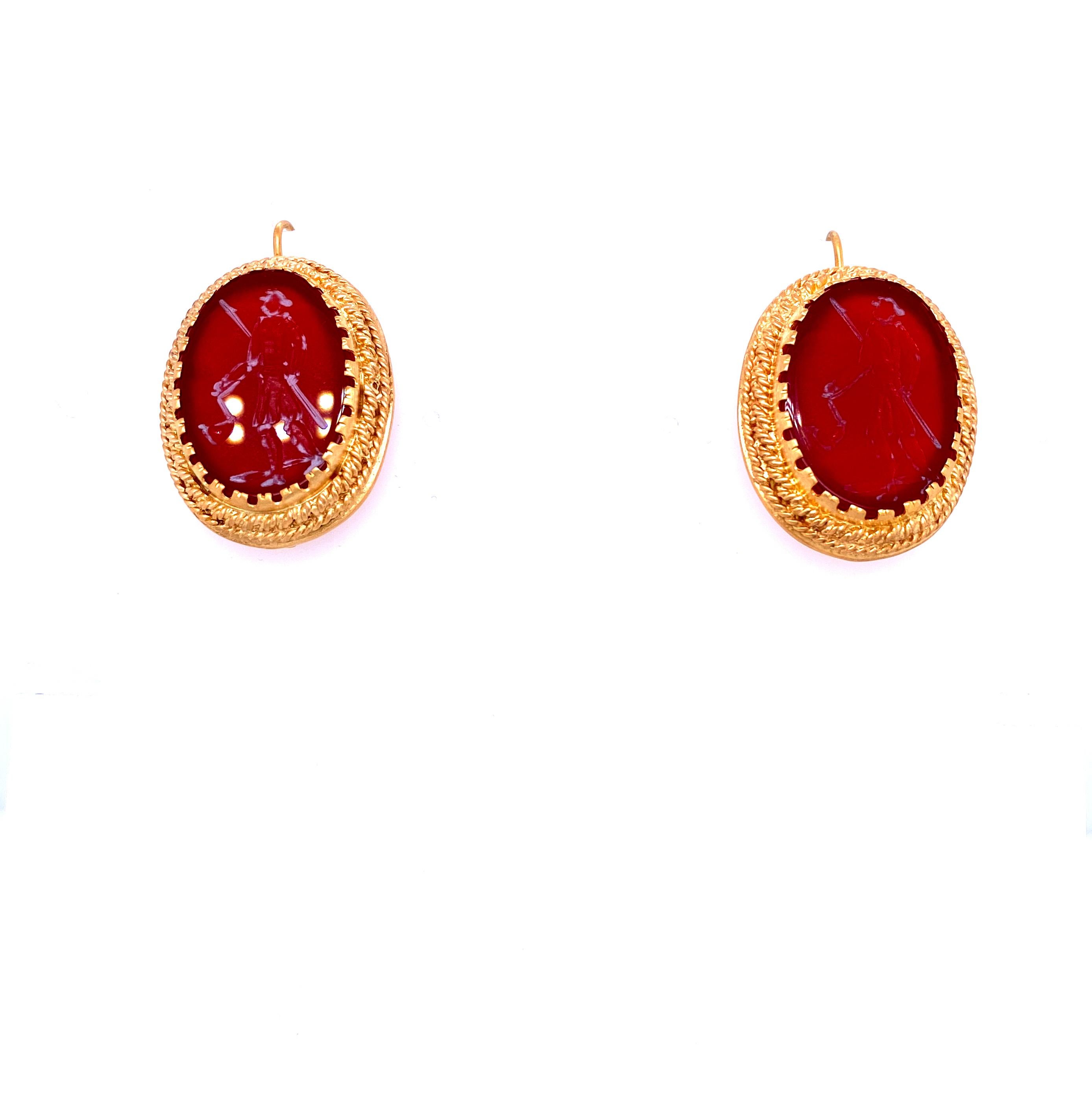 Women's 1950s Carnelian Intaglio Gold Earrings