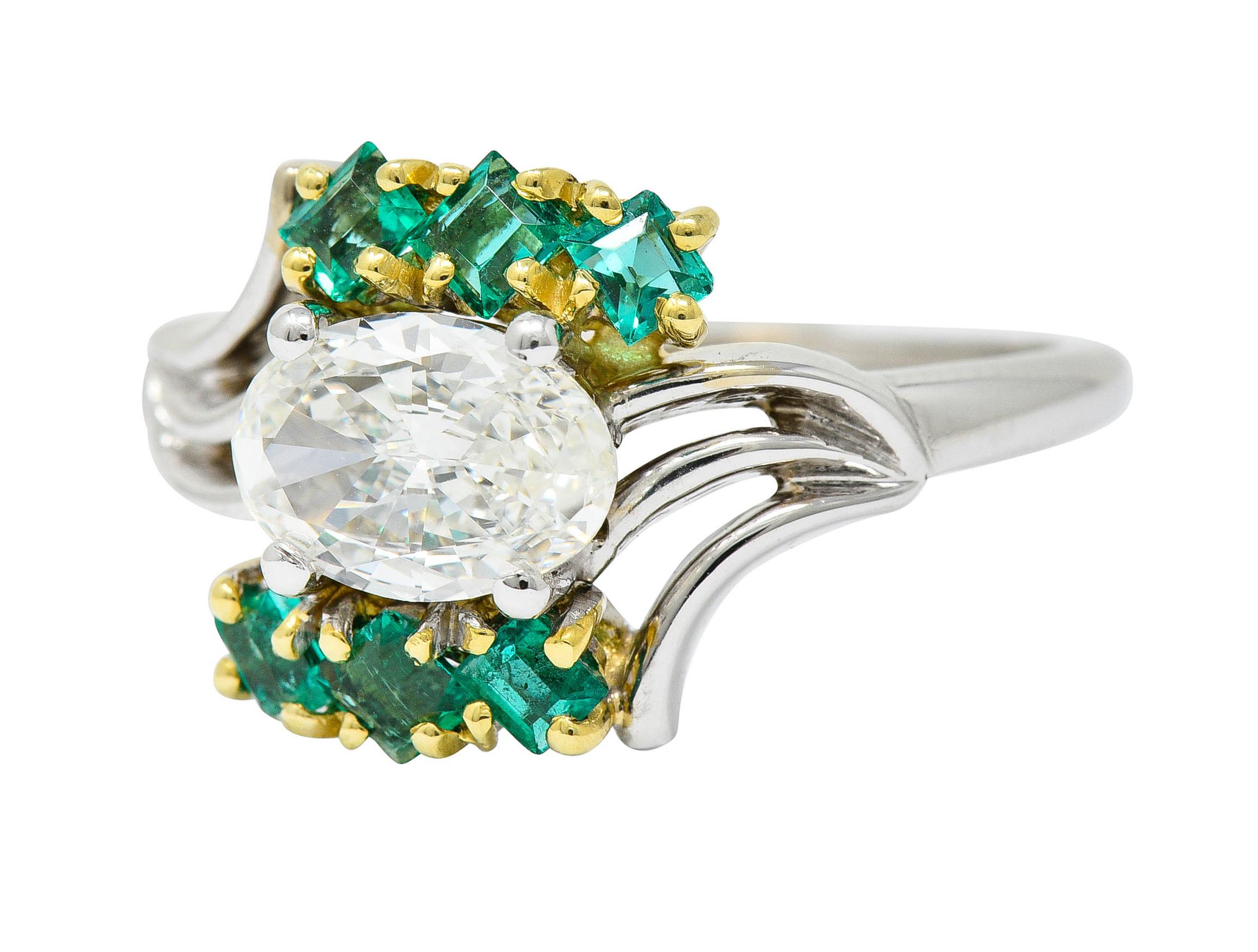 Women's or Men's Cartier 1950's 1.76 Carats Diamond Emerald 18 Karat Two-Tone Bypass Ring GIA