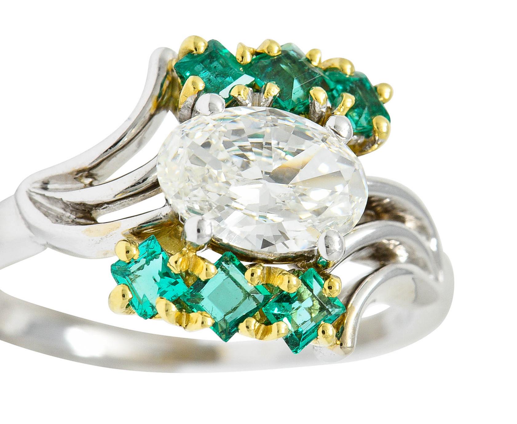 Cartier 1950's 1.76 Carats Diamond Emerald 18 Karat Two-Tone Bypass Ring GIA 1