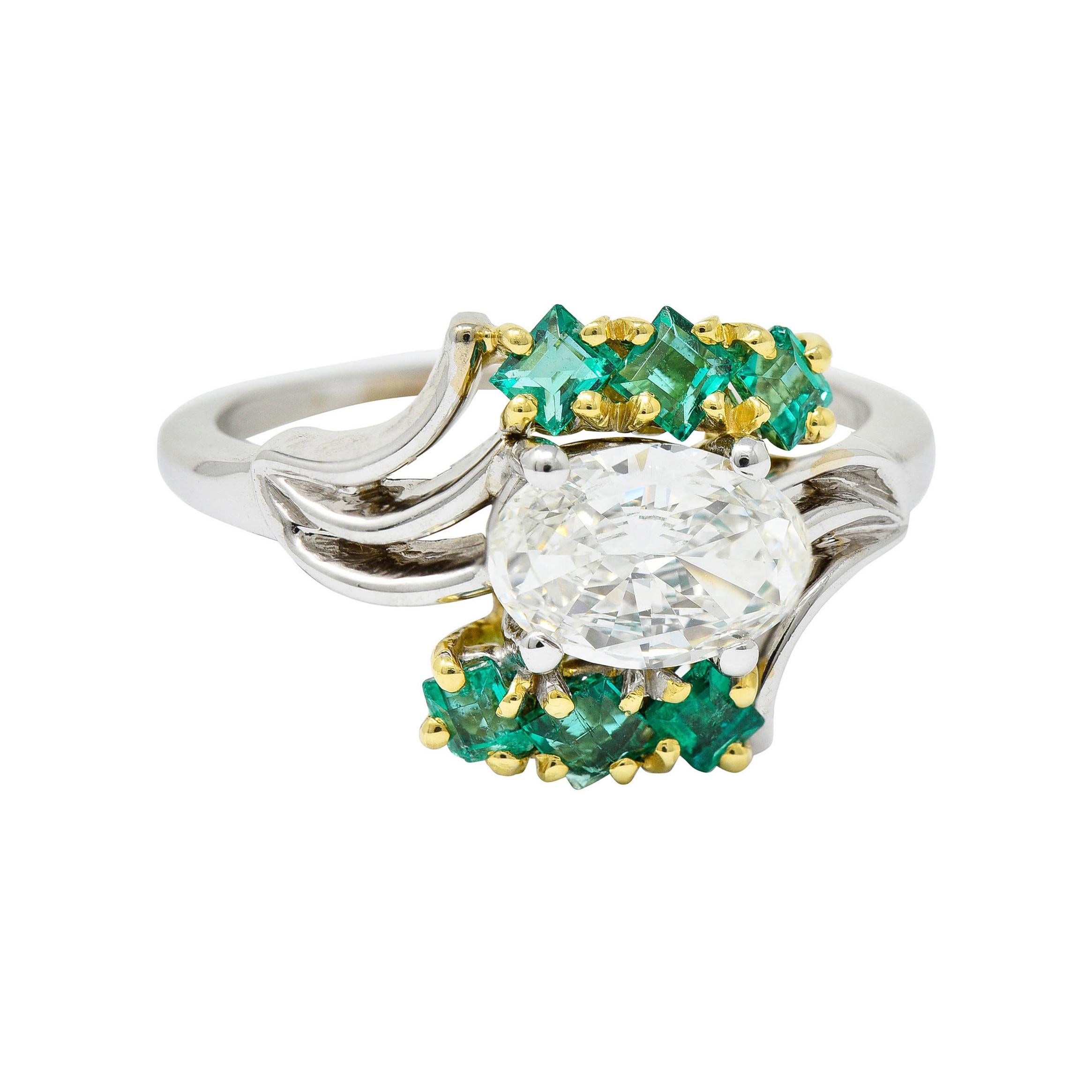 Cartier 1950's 1.76 Carats Diamond Emerald 18 Karat Two-Tone Bypass Ring GIA