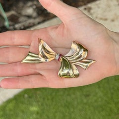 1950's Cartier Diamond Ruby 14 Karat Rose & Yellow Gold Retro Brooch Pin