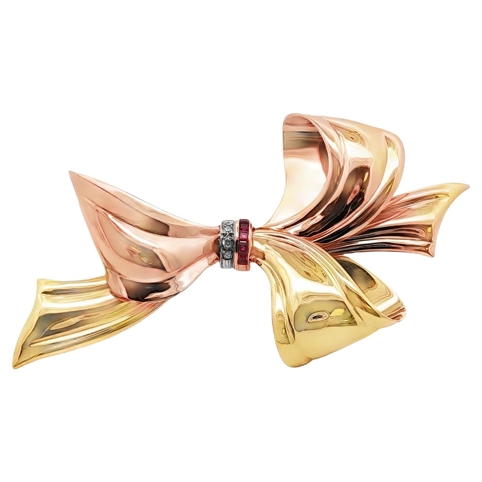 Broche rétro en or rose et jaune 14 carats avec diamant et rubis de Cartier des années 1950