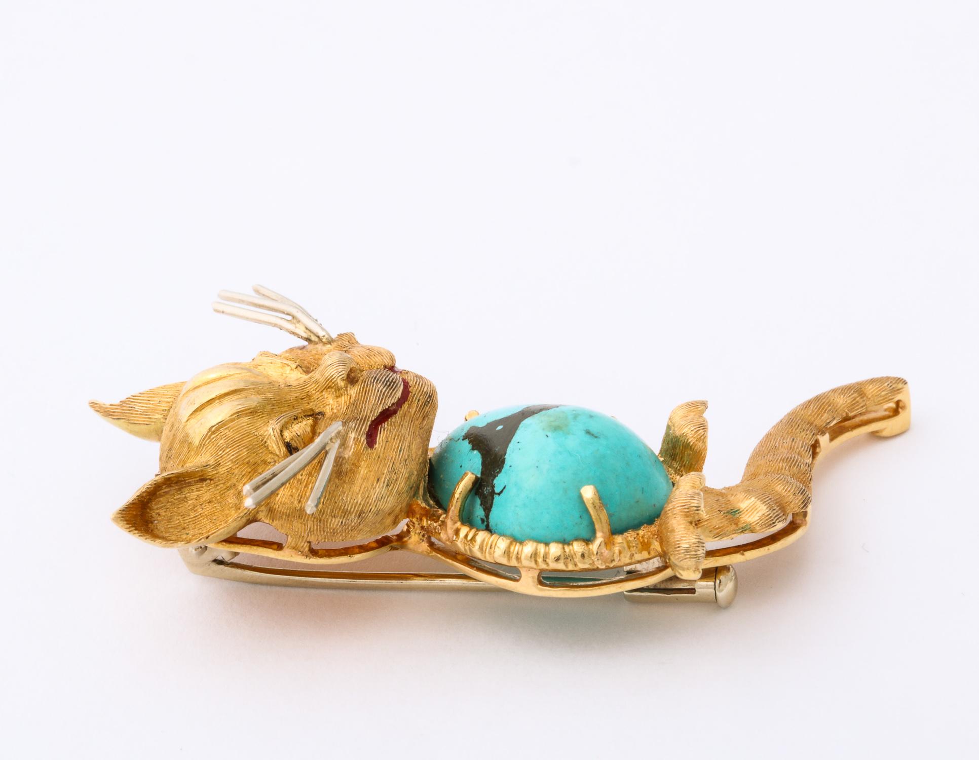 1950s Cartier Italy Whimisical Kitty Cat Turquoise and Gold Brooch Pin 6