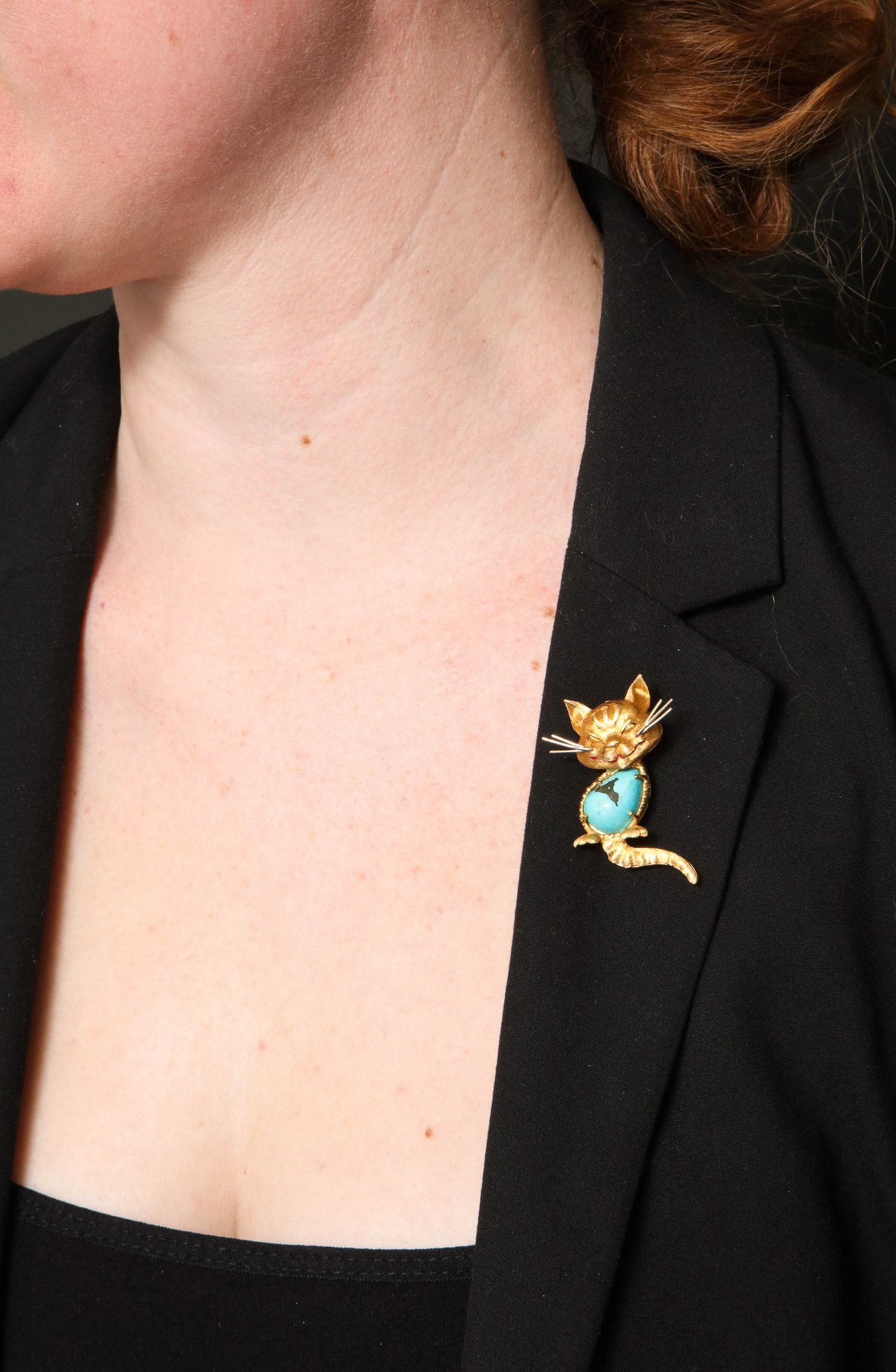 1950s Cartier Italy Whimisical Kitty Cat Turquoise and Gold Brooch Pin 7