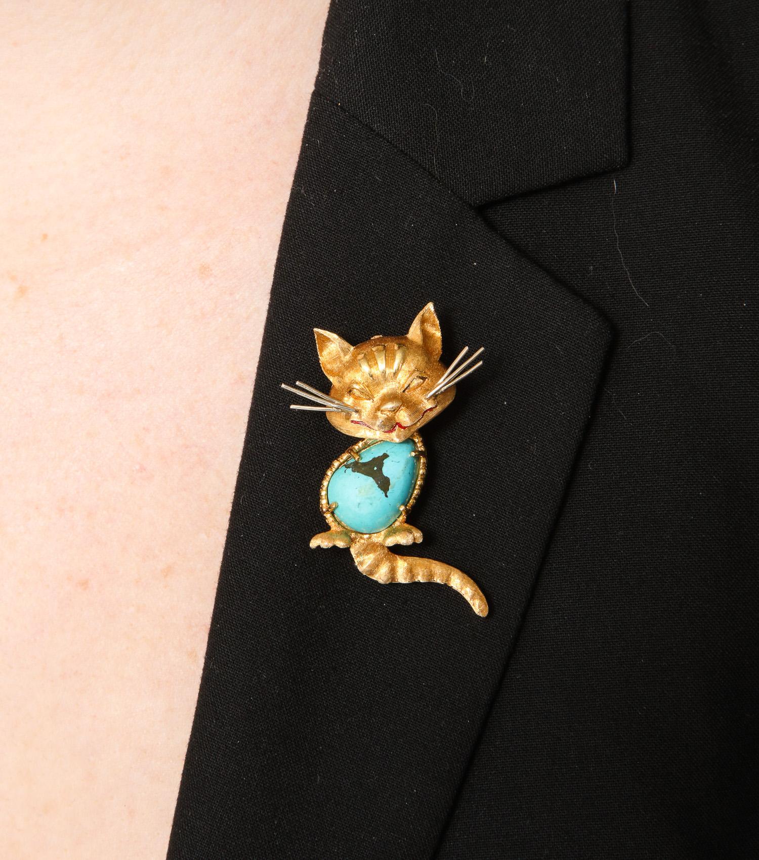 1950s Cartier Italy Whimisical Kitty Cat Turquoise and Gold Brooch Pin 8