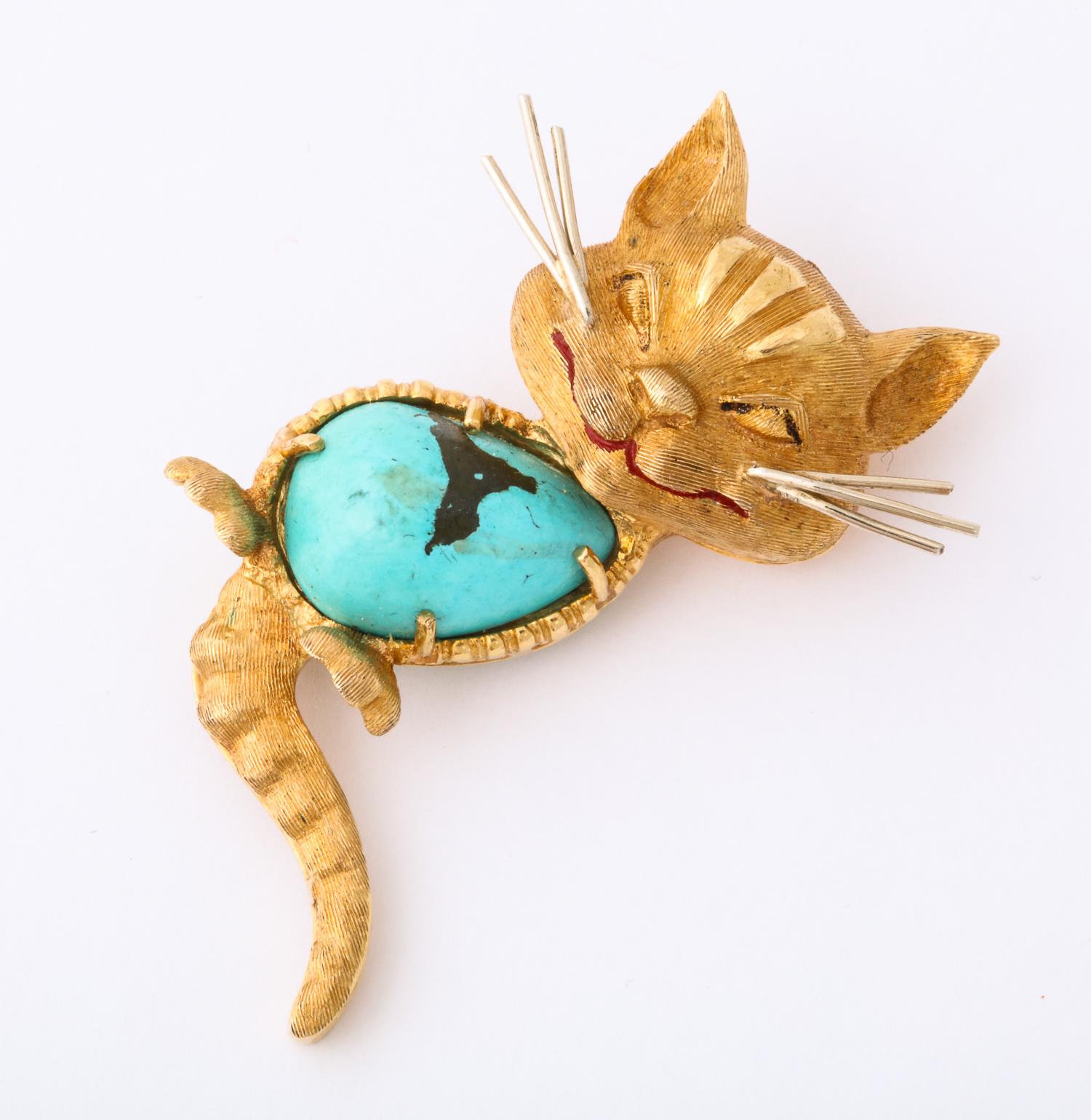 1950s Cartier Italy Whimisical Kitty Cat Turquoise and Gold Brooch Pin In Good Condition In New York, NY