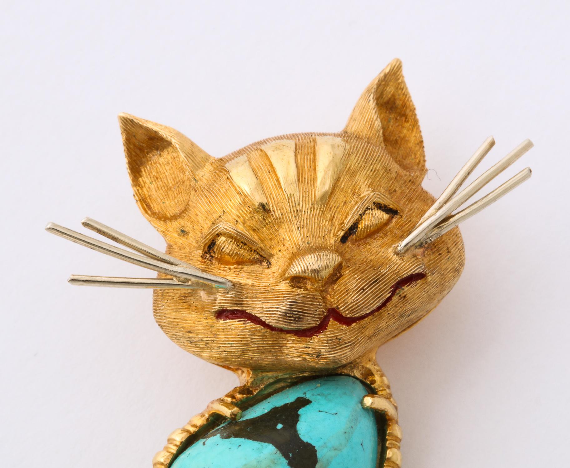Women's or Men's 1950s Cartier Italy Whimisical Kitty Cat Turquoise and Gold Brooch Pin