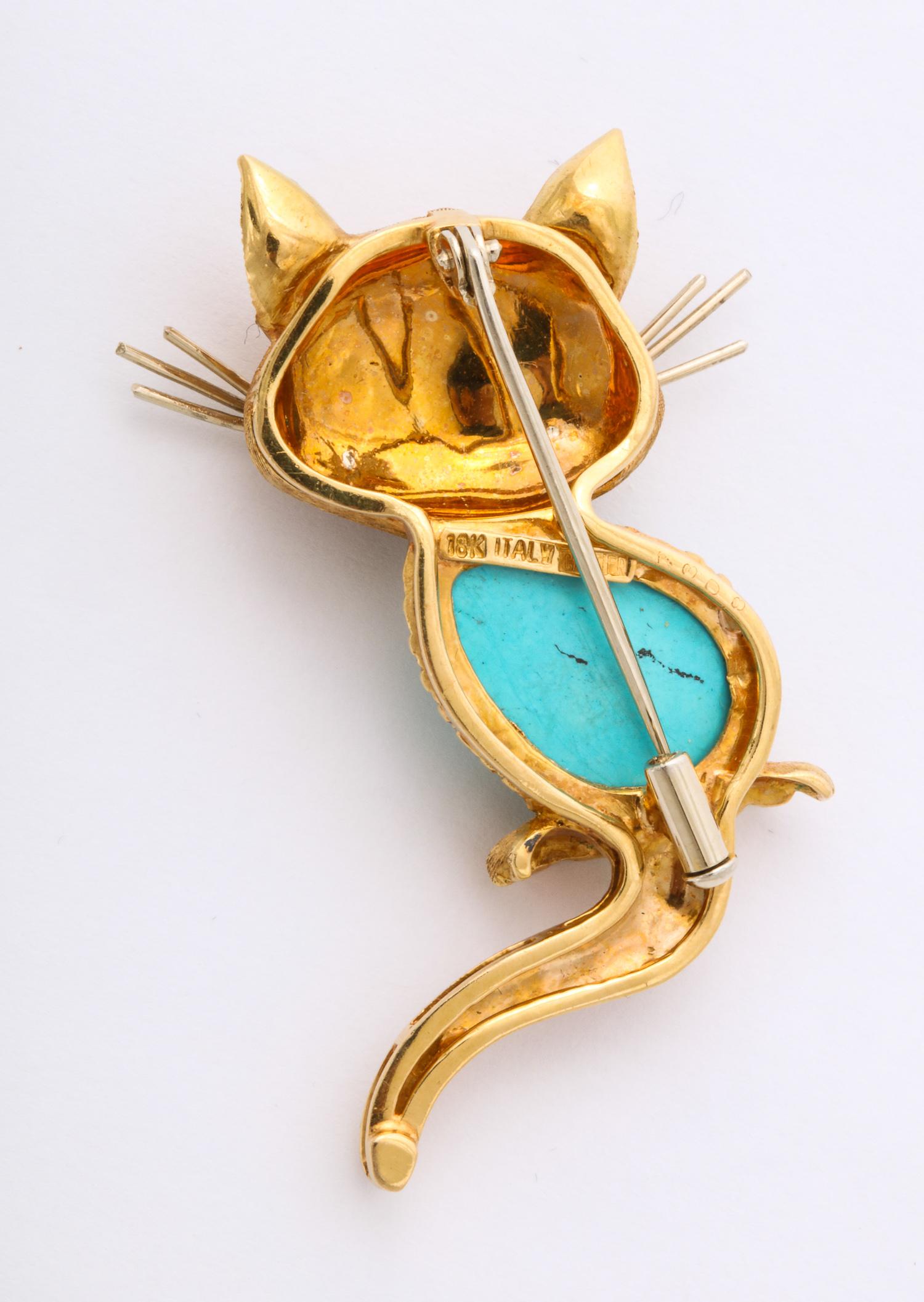 1950s Cartier Italy Whimisical Kitty Cat Turquoise and Gold Brooch Pin 1