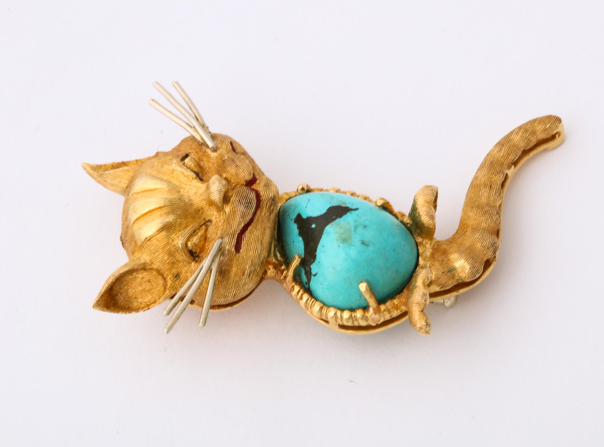 1950s Cartier Italy Whimisical Kitty Cat Turquoise and Gold Brooch Pin 3