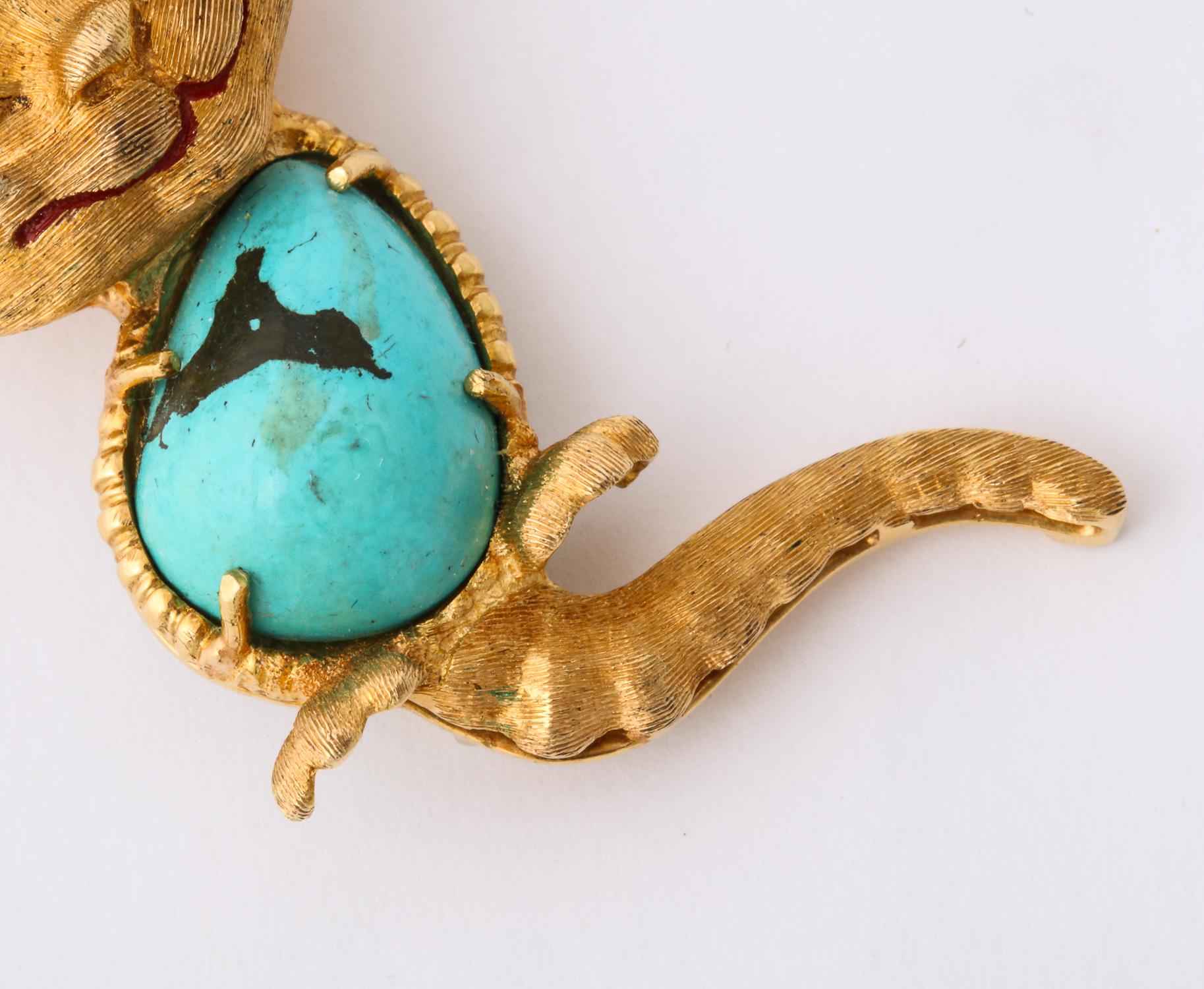 1950s Cartier Italy Whimisical Kitty Cat Turquoise and Gold Brooch Pin 4