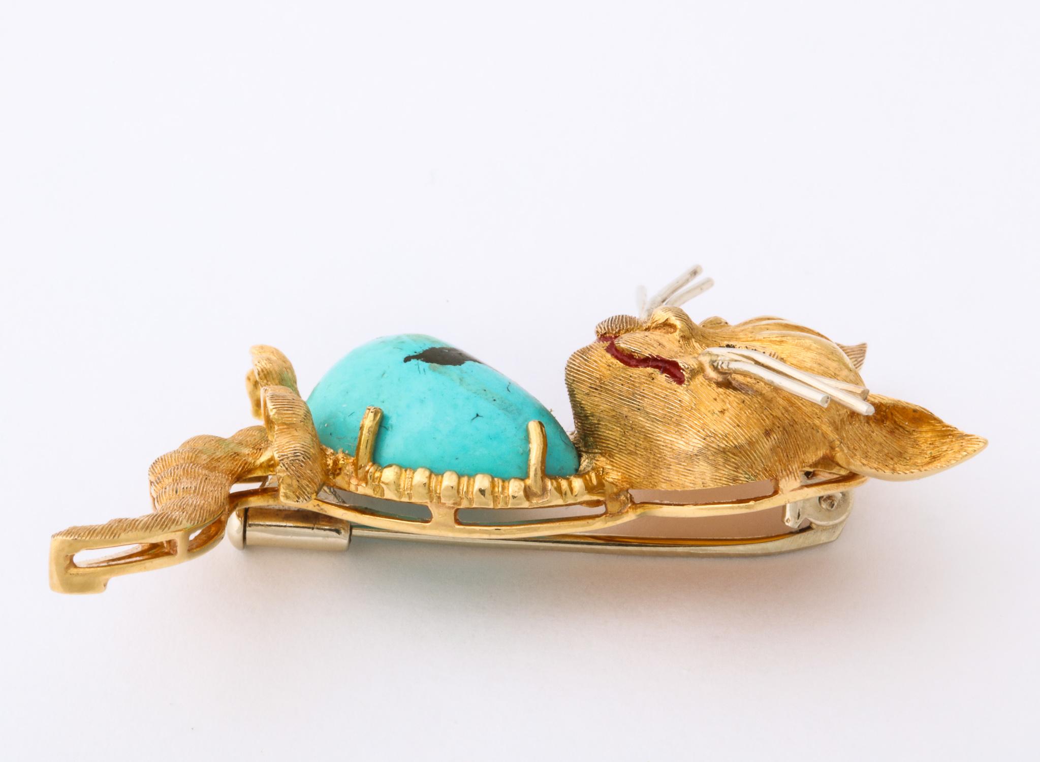 1950s Cartier Italy Whimisical Kitty Cat Turquoise and Gold Brooch Pin 5