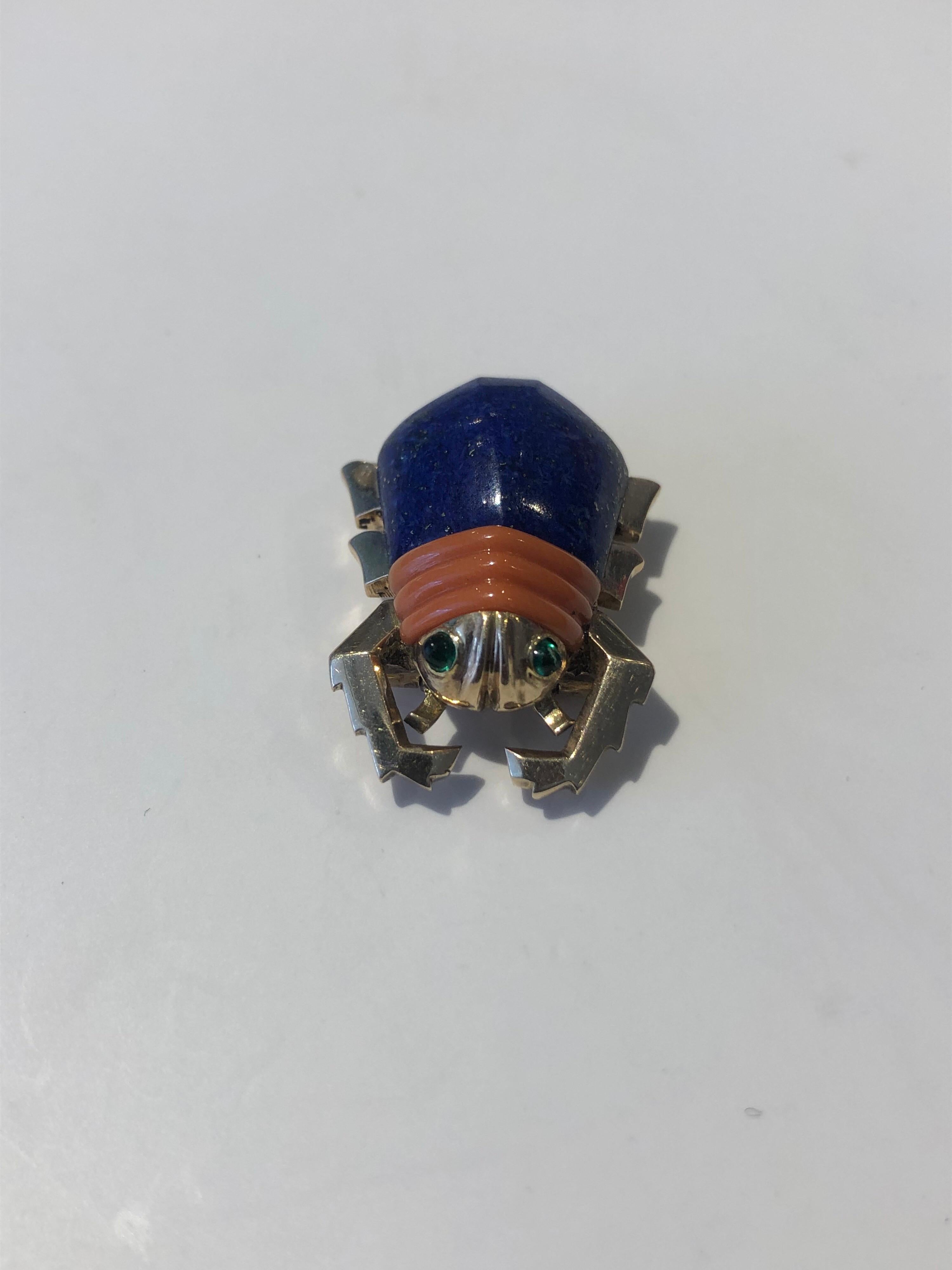 1950s Cartier London Lapis Lazuli Coral and Emerald Beetle Brooch 5