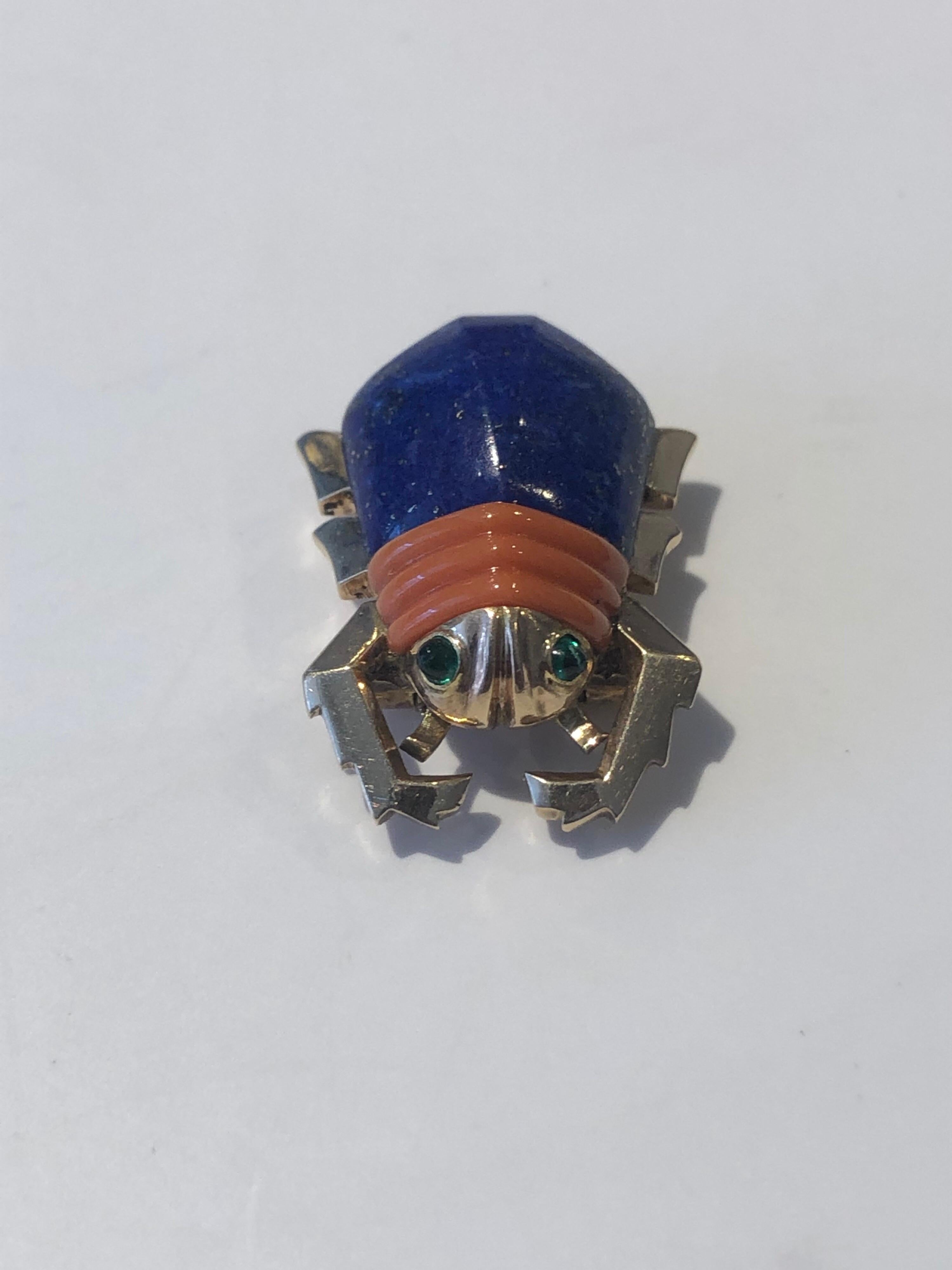 Cabochon 1950s Cartier London Lapis Lazuli Coral and Emerald Beetle Brooch