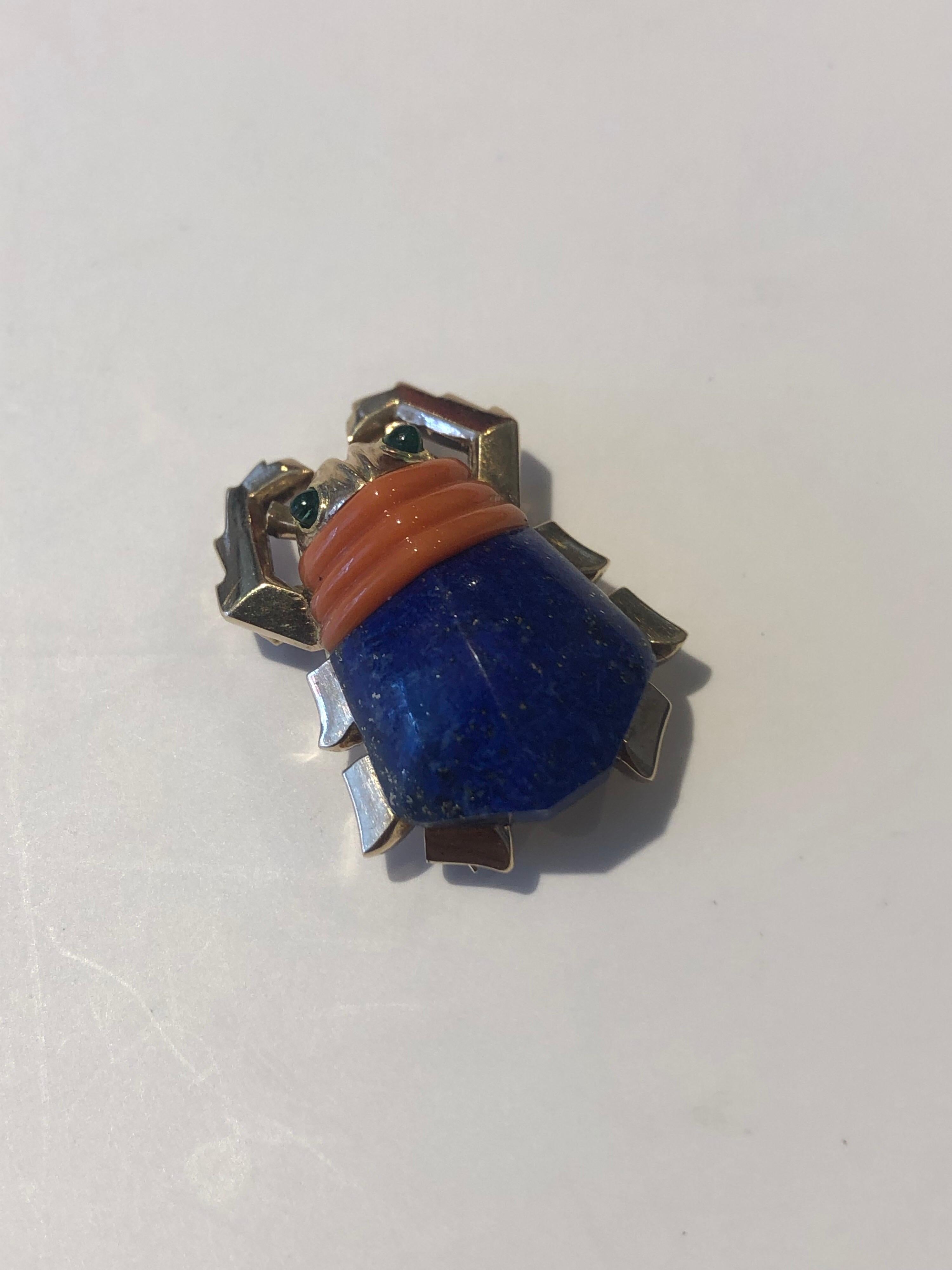 Women's or Men's 1950s Cartier London Lapis Lazuli Coral and Emerald Beetle Brooch