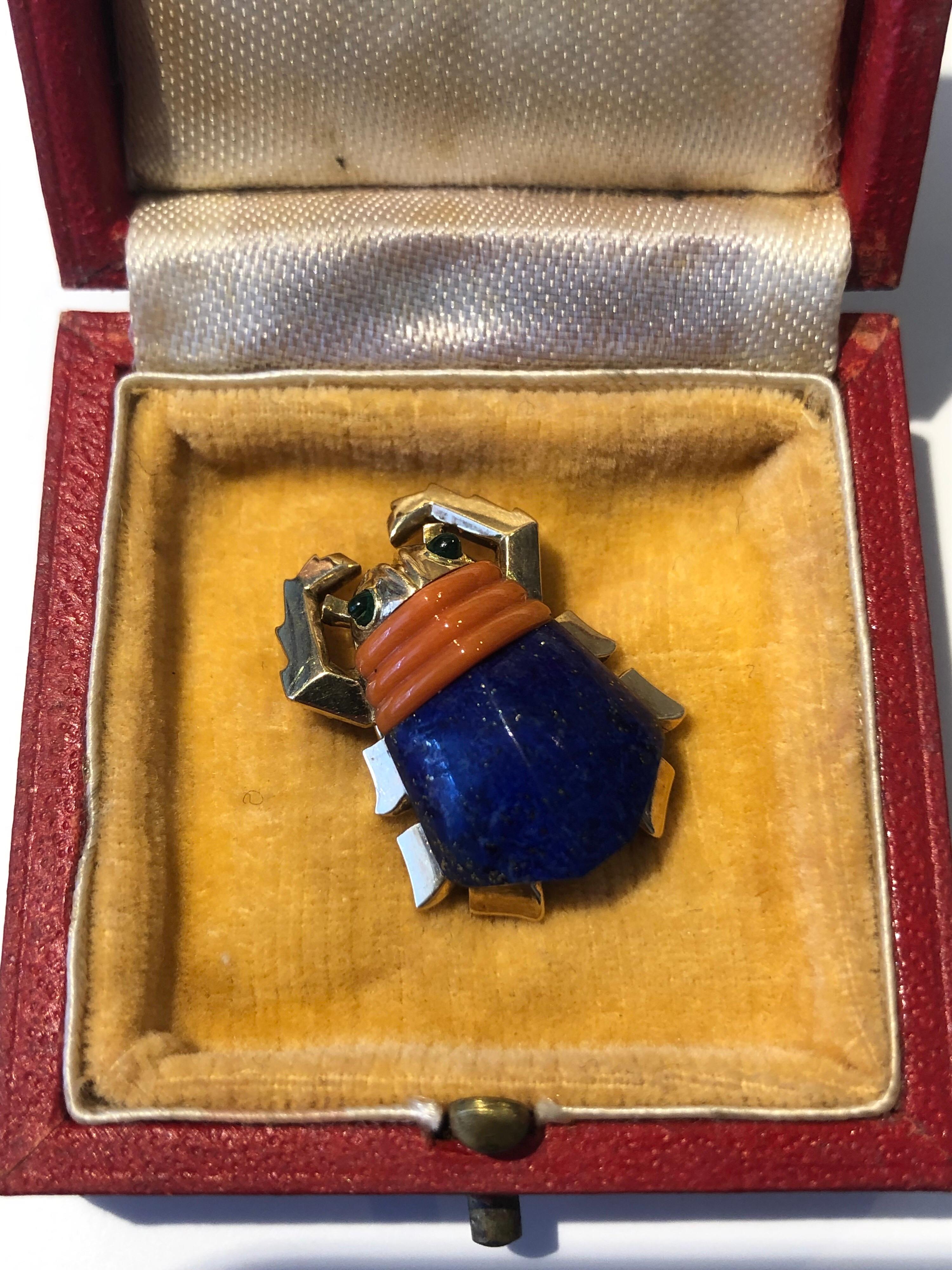 1950s Cartier London Lapis Lazuli Coral and Emerald Beetle Brooch 1