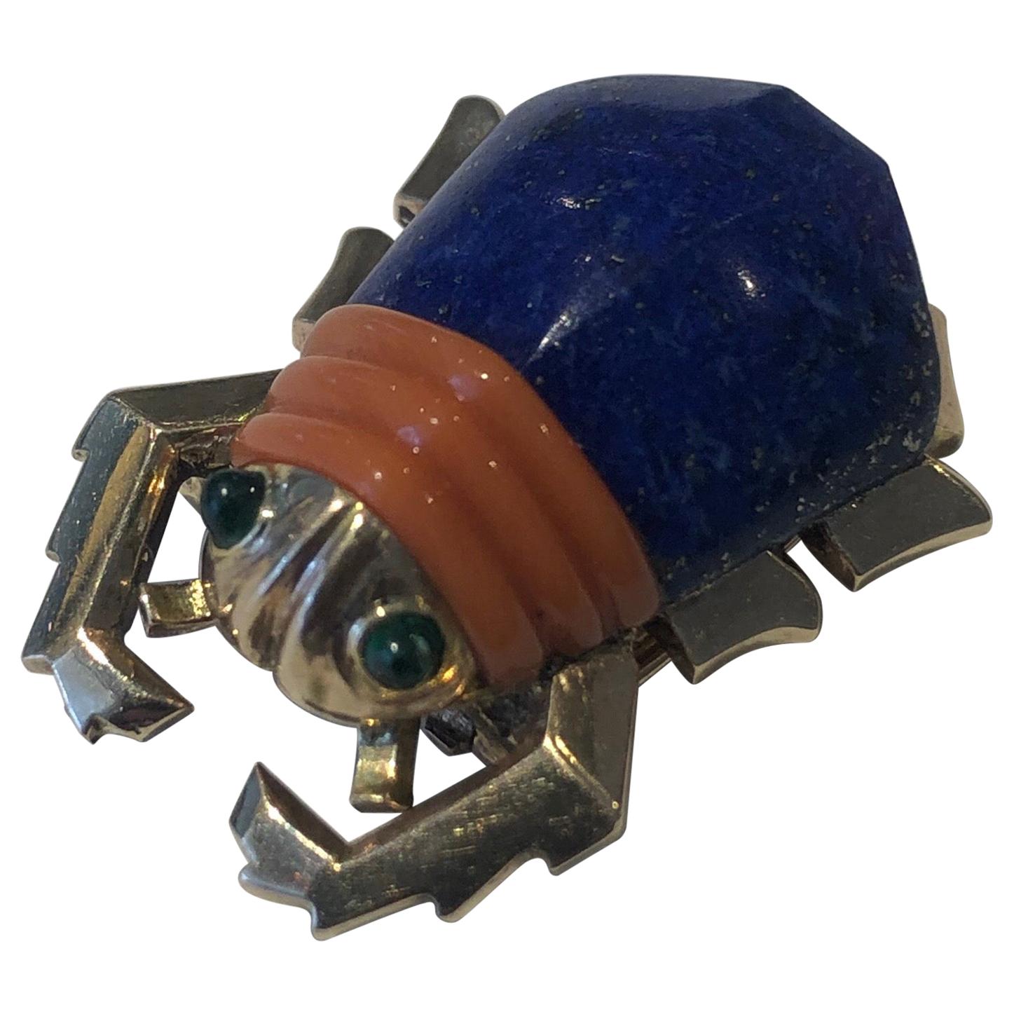 1950s Cartier London Lapis Lazuli Coral and Emerald Beetle Brooch
